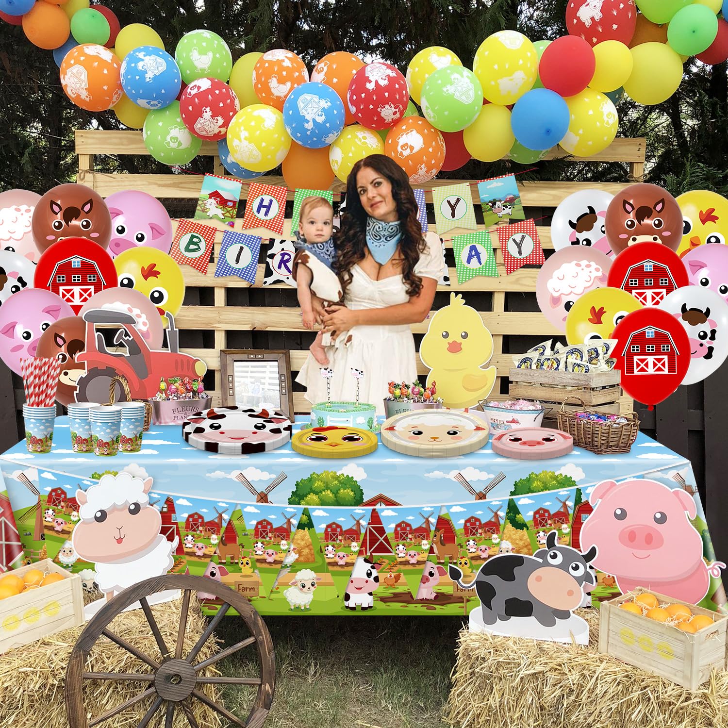 Set da Tavola per Festa di Compleanno a Tema Fattoria - Decorazioni con Animali per 20 Persone - 121 Pezzi