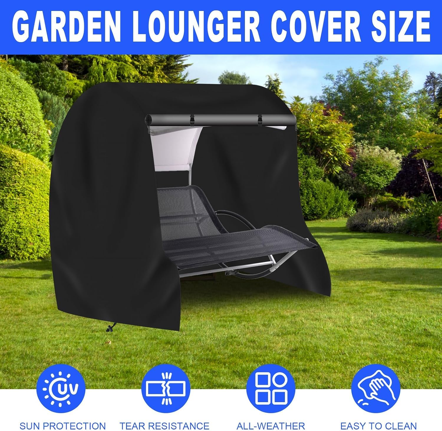 Doppel Sonnenliege Schutzhülle,61" x 79" x 75" Schwarz | 600D Oxford wasserdicht, UV-beständig, reißfest, mit Kordelzug, ganzjähriger Schutz für Gartenmöbel.