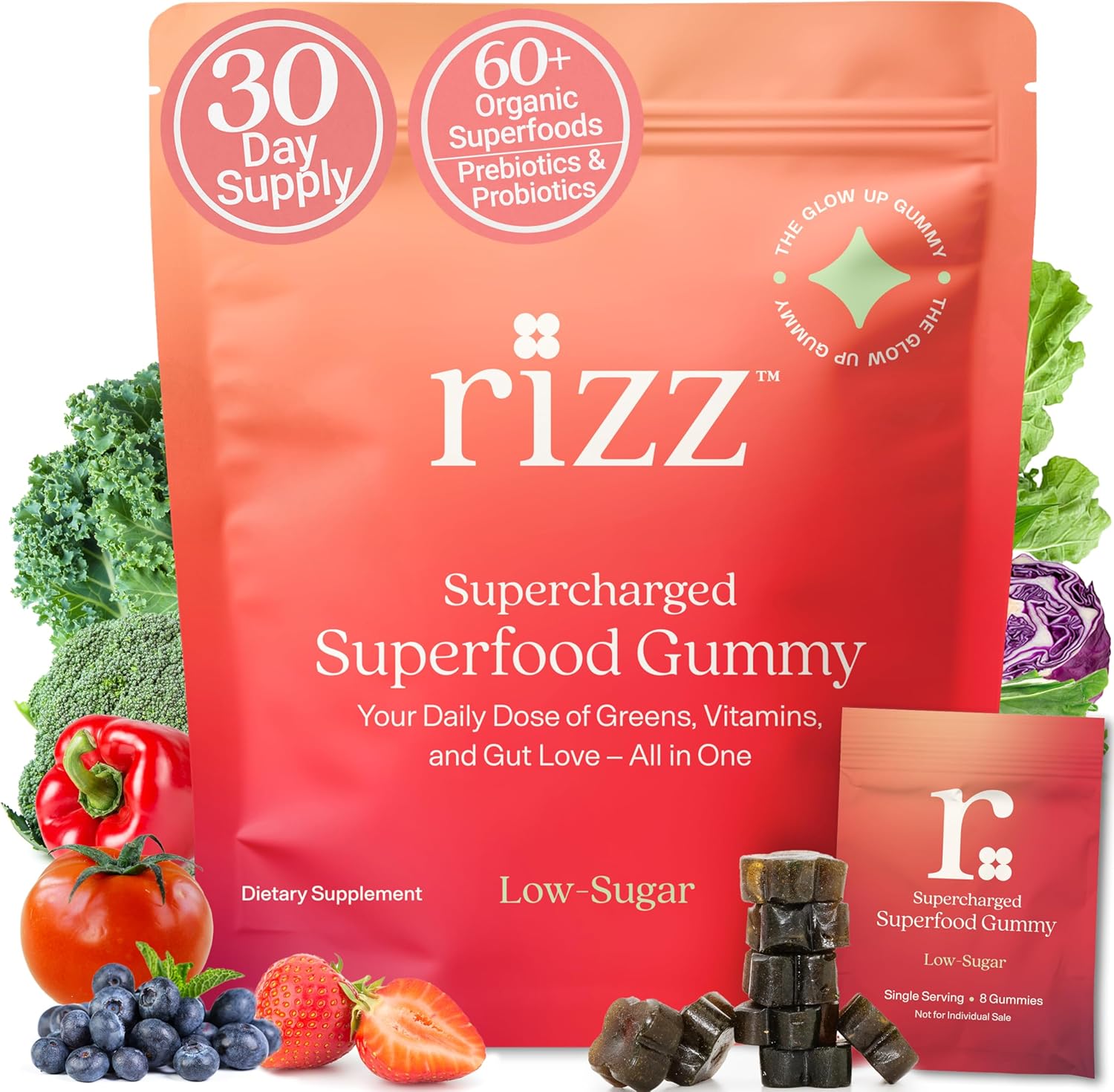 Rizz Low Sugar Green Gummies - 60+ Superfoods 6g Fiber - Prebiotic and Probiotic Gummies - Vegan Multivitamins for Women & Men - Gluten Free - Mushroom, Fruit and Vegetable Supplements - 30 Day Supply