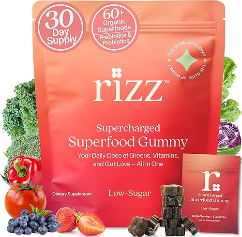 Rizz Gomitas verdes  Más de 60 superalimentos 0.16 oz de fibra  Gomitas prebióticas y probióticas  Multivitaminas veganas para mujeres y hombres