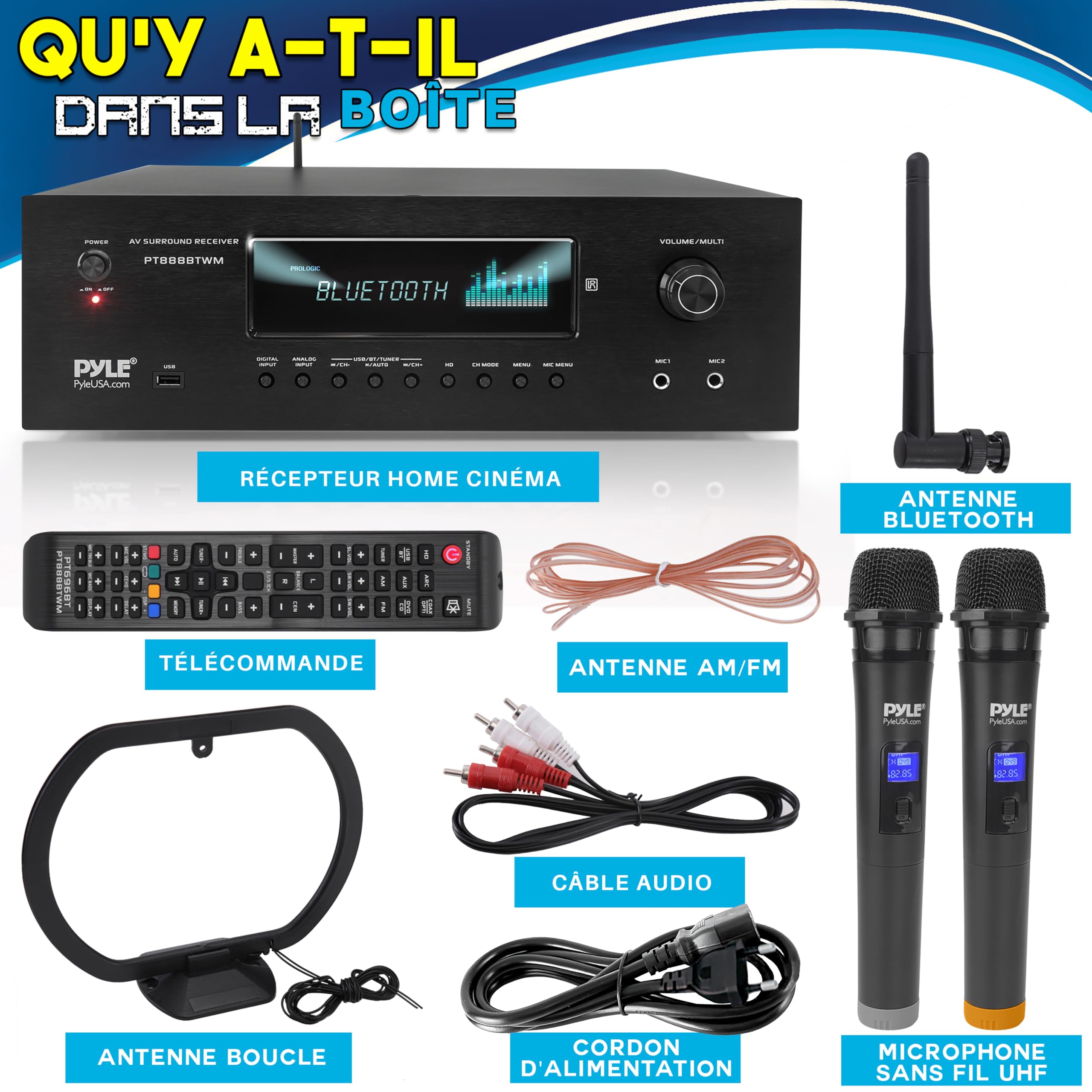 Pyle Récepteur Home Cinéma Bluetooth 5.2 1000W – Amplificateur Stéréo Karaoké avec 2 Micros sans Fil UHF, HDMI 4K/3D, MP3/USB, Radio AM/FM – Égaliseur DSP, Écho & Contrôle Volume Micro – Noir