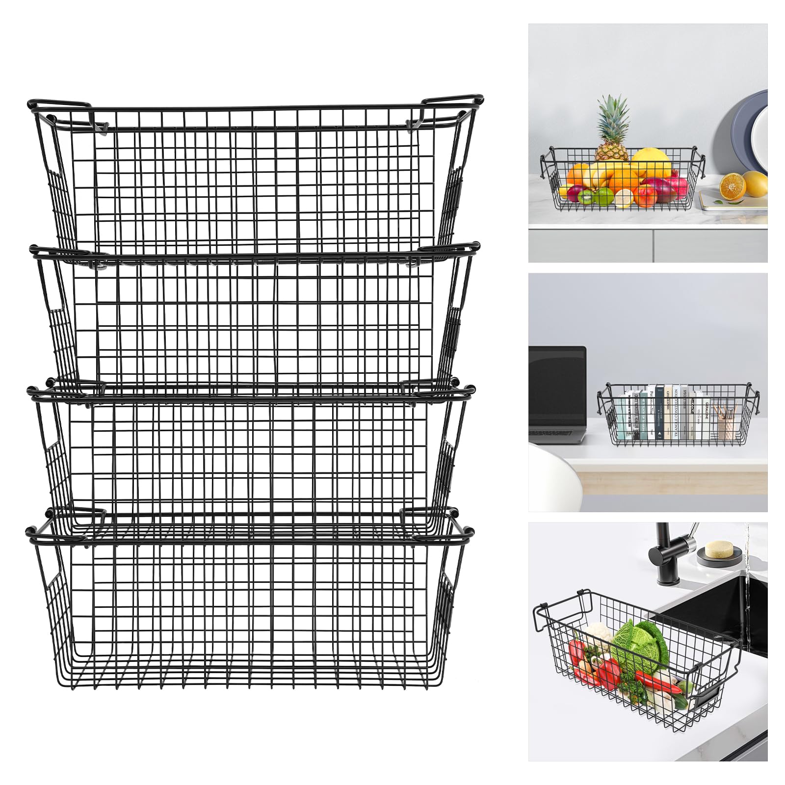 4 Stück Stapelbarer Aufbewahrungskorb Obstkorb Gemüsekorb Drahtkorb Eisen Speisekammer Ordnungssystem für Küche Gefrierschrank Gefriertruhe Obst Gemüse 4er Set