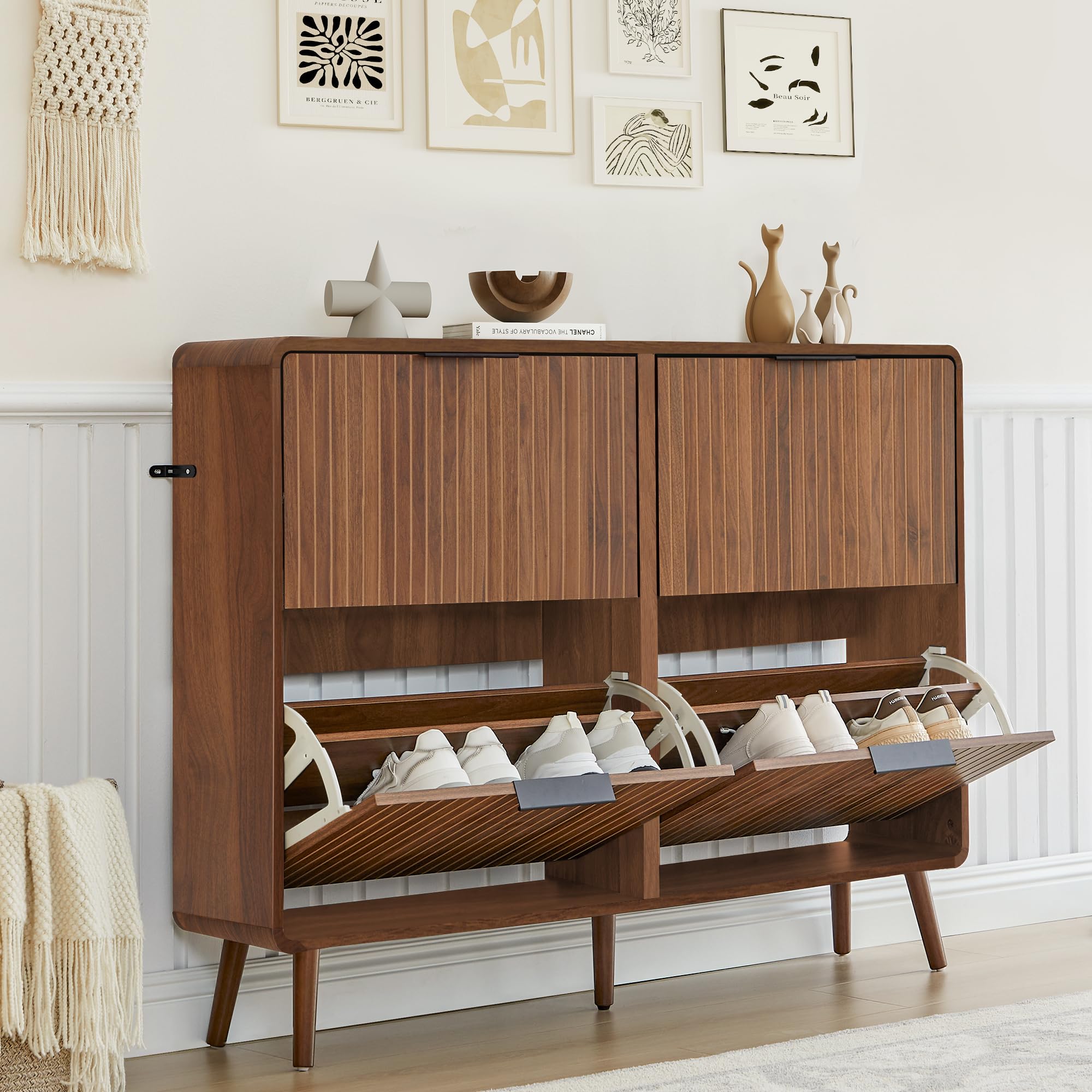 47" Fluted Large Shoe Cabinet with 4 Flip Drawers, Slim Freestanding Shoe Cabinet Organizer, Narrow Shoes Storage Rack for Entryway, 5 Sturdy Legs (All Walnut, 9.45" D x 47.24" W x 35.83" H)