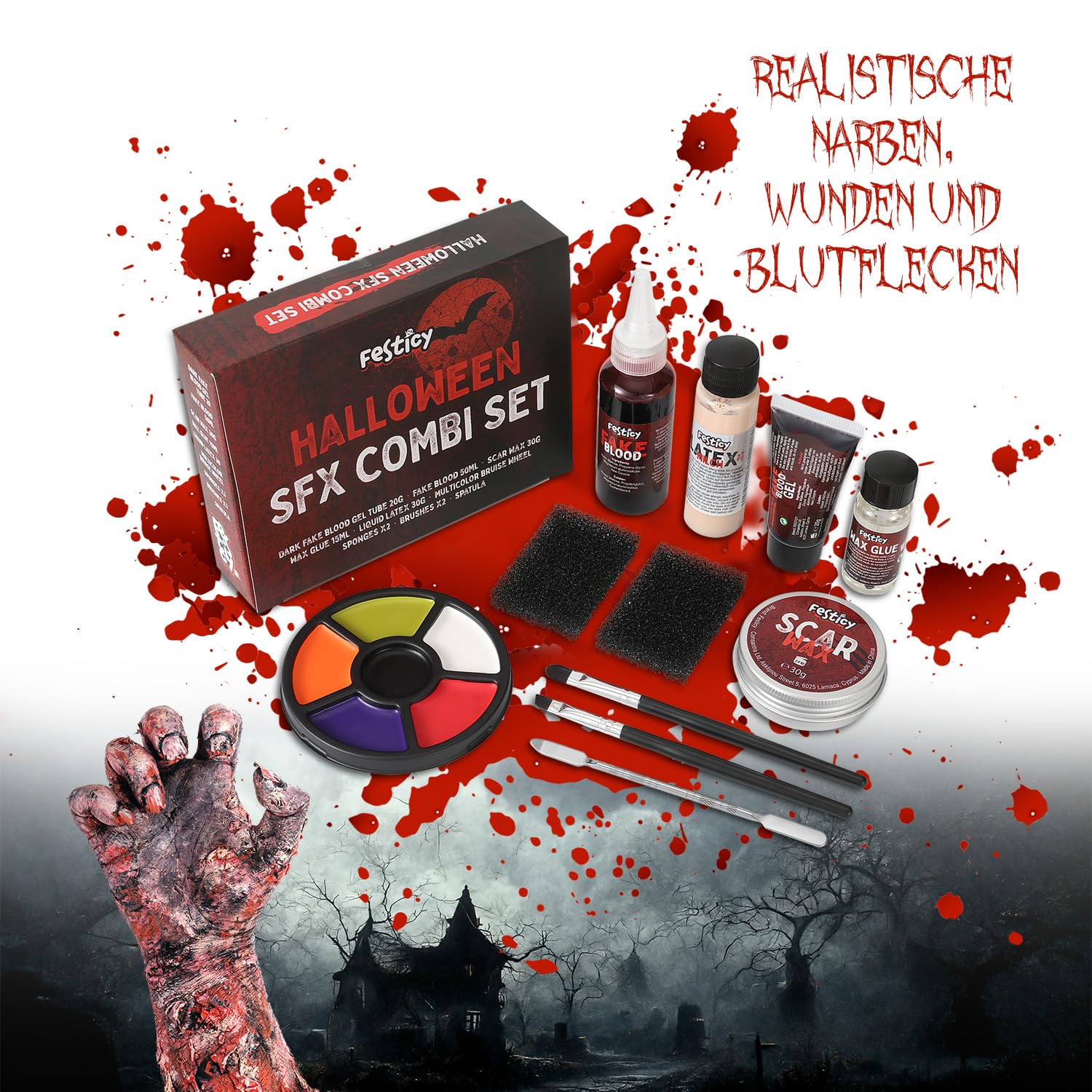 Festicy Specjalny zestaw do makijażu na Halloween, SFX, kompletny zestaw ze sztuczną krwią, lateksem, woskiem do blizn i akcesoriami, sztuczna krew do skóry i ubrań, na Halloween, do przerażających