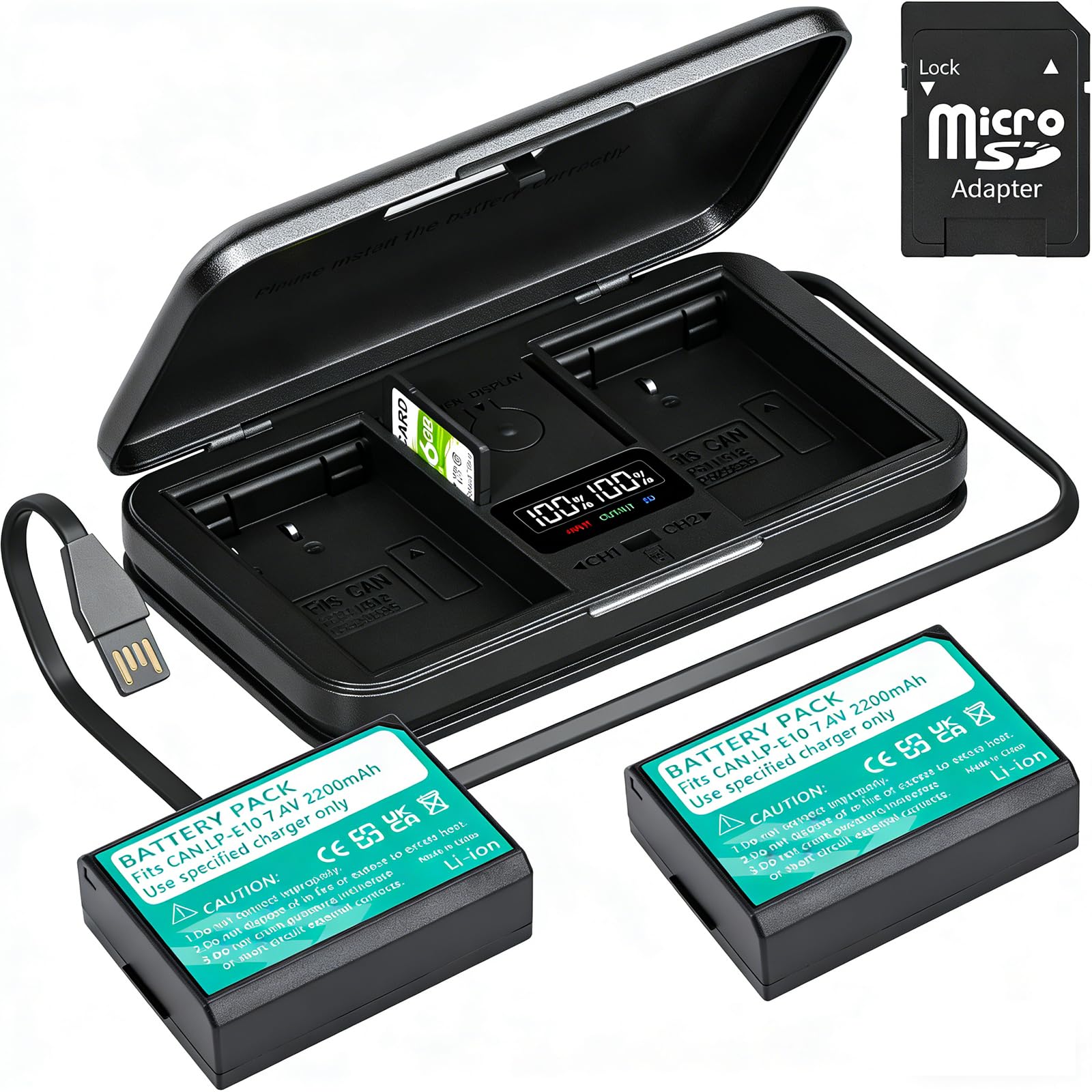 LP-E10 Batteries 2 Pack 2200mAh Battery with Charger for Canon EOS Rebel T3, T5, T6, T7, Kiss X50, Kiss X70, EOS 1100D, EOS 1200D, EOS 1300D, EOS