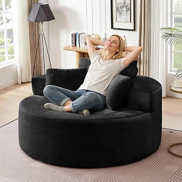 JEEOHEY Modern Round Accent Sofa Chair for Living Room, Upholstered Soft Terrycloth Barrel Lounge Arm Chair with Large seat&Throw Pillows for Bedroom, Office, Apartment, Black