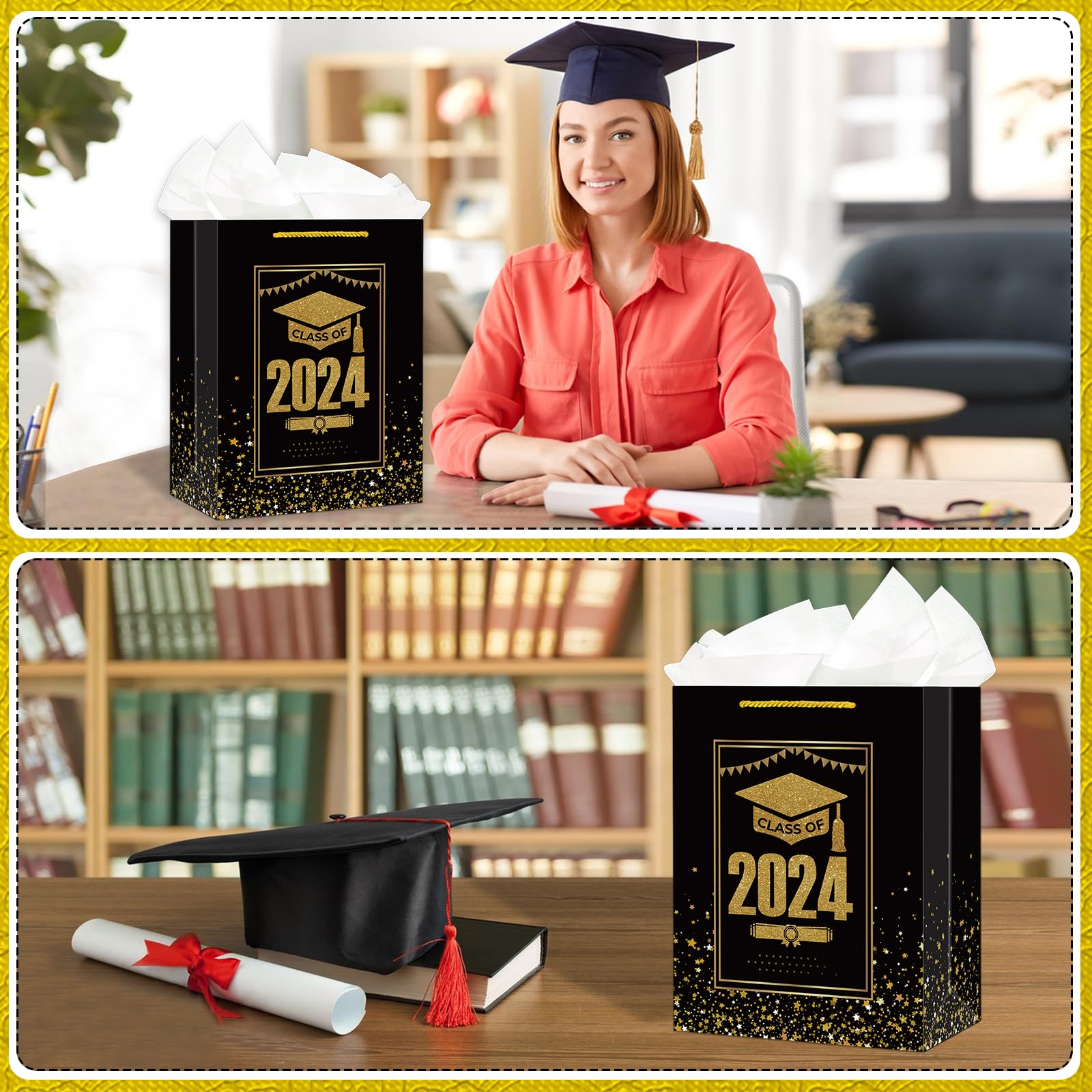 D4DREAM Geschenktüte Zum Schulabschluss 2024 - Goldene Aufschrift, 29,2x22,9x12,7 Cm, Mit Griff & Seidenpapier
