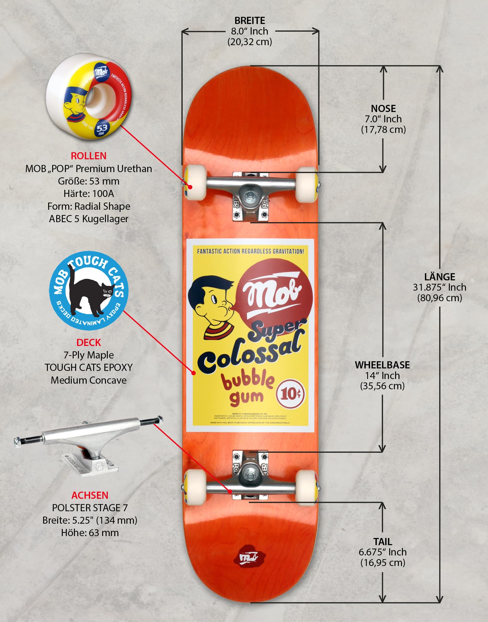 MOB Skateboards Bubble 8.0 – Tavola completa 31 x 8 pollici – Tavola in legno a 7 strati di legno d'acero – già montata – Skateboard per ragazzi, adulti, principianti e professionisti – Arancione