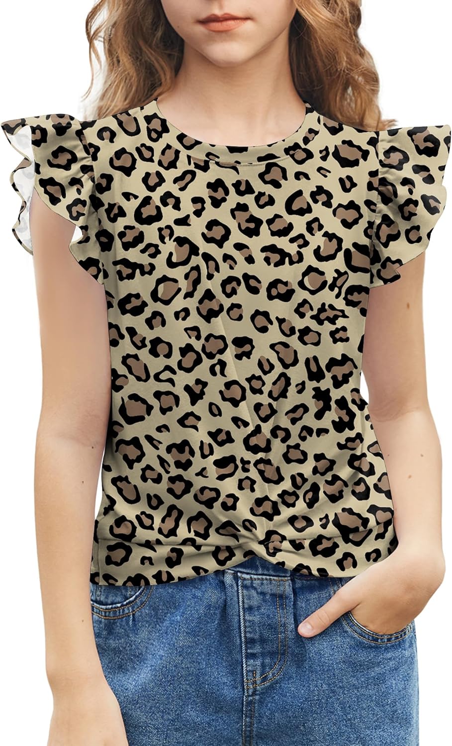 Arshiner Girls Shirt - Short-Sleeve Twist Front T-Shirt for Girls with Cute Flying Sleeves - Summer Blouse Tunic Tee Tops