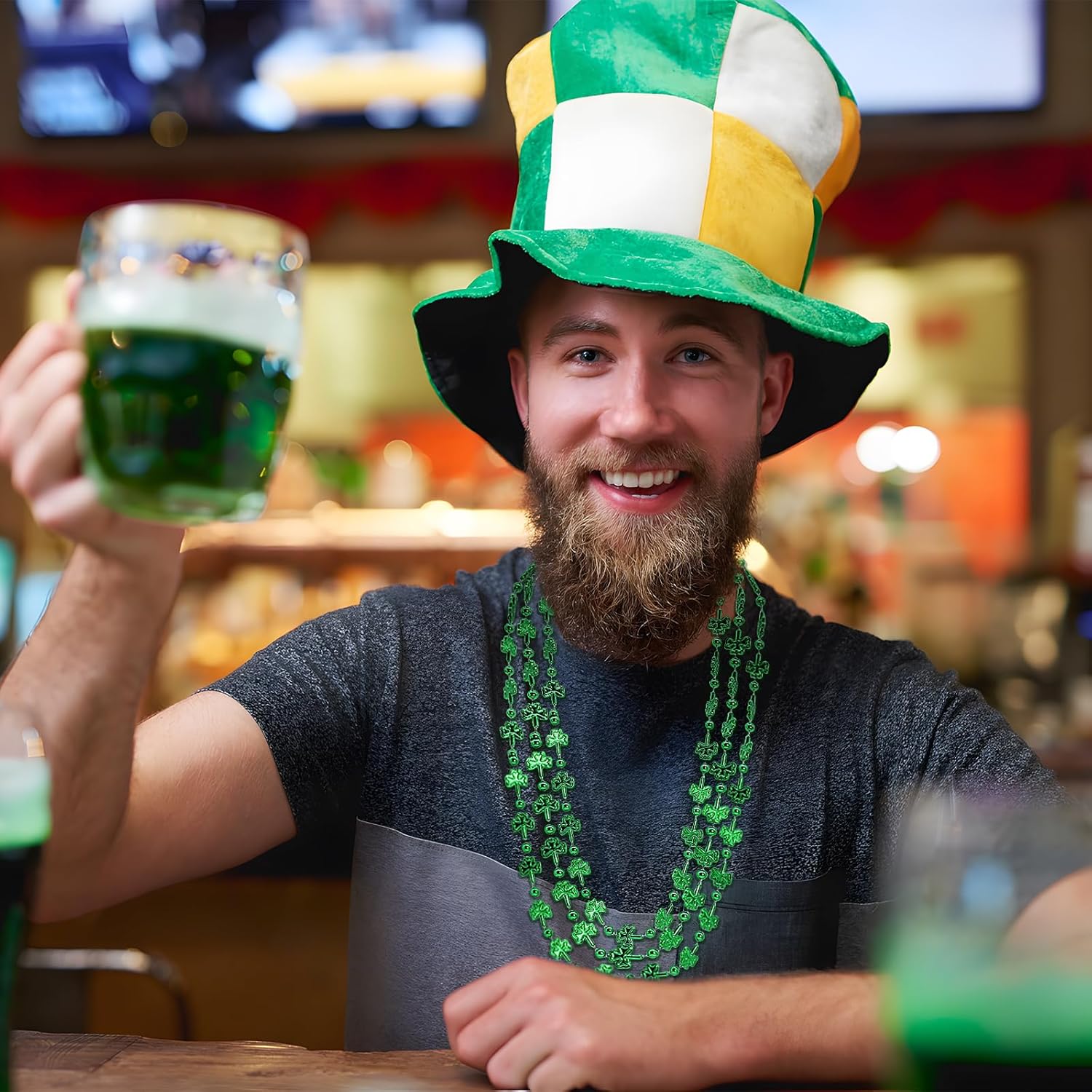 12 Pcs 33" Green Shamrock Bead Necklaces Bulk - Lucky Clover-Shaped Plastic Beads Necklaces Bundle for St. Patrick's Day Celebrations, Parade Accessories, and Irish-Themed Party Favors - Image 4