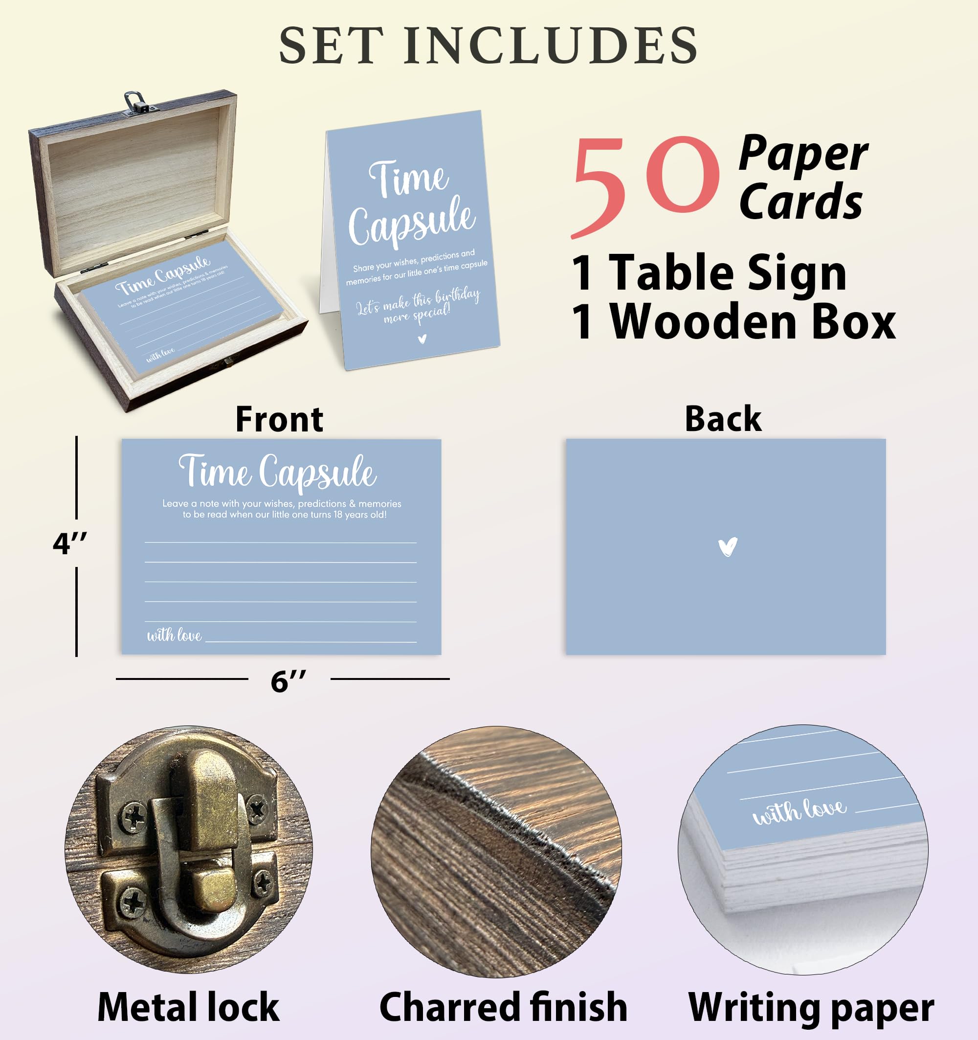 Caja de cápsulas de tiempo para bebé para primer cumpleaños, juego de 50 tarjetas de deseos y caja de regalo de recuerdo, juegos y decoraciones para fiesta de primer cumpleaños (diseño azul) -A01