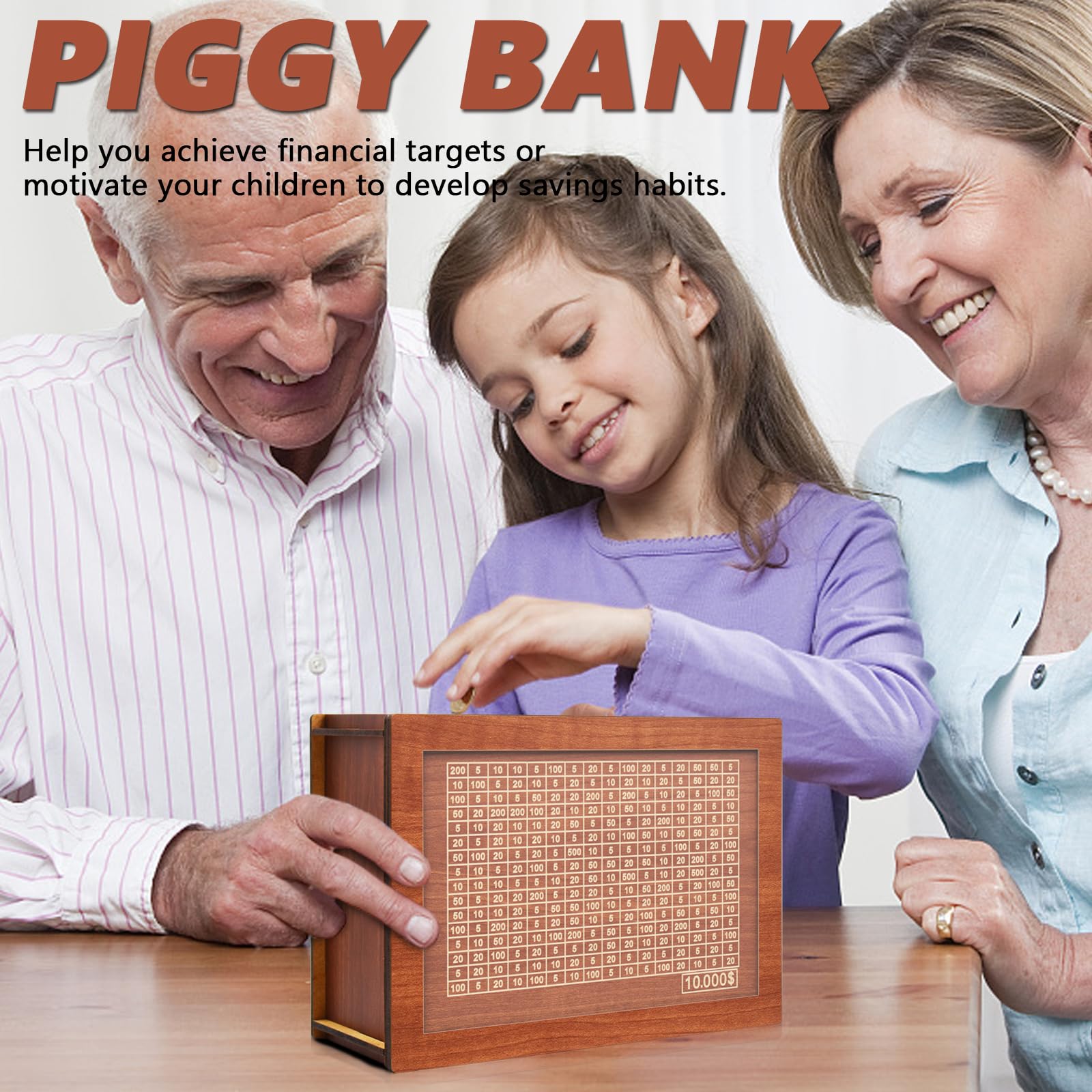 $10000 Cash Vault Wooden Savings Box,Wooden Savings Box with Money Target & Numbers,Retro Cash Saver Box, Reusable Coin Counter Piggy Bank