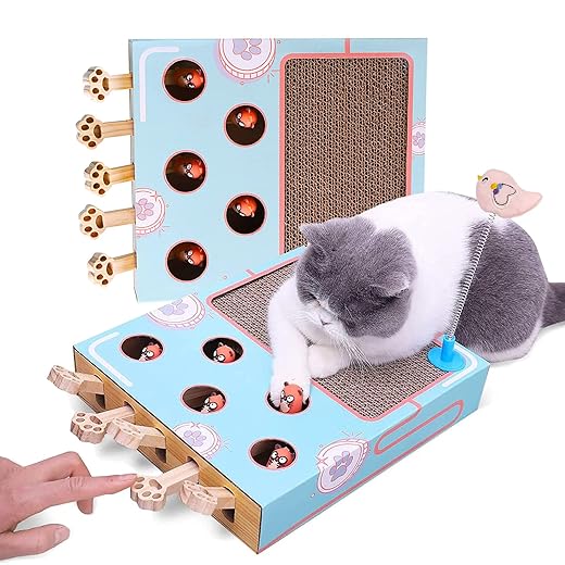 3 in 1 Wellpappe Katzenkratzer, Katzenkratzpad mit Whack a Mole Spiel und lustigem Katzenstab, Mehrzweck-Kratzpad, verdicktes langlebiges Katzenkratzspielzeug für Indoor-Katzen