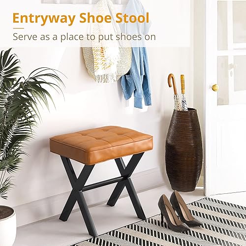 Miniatura 6 de LUE BONA Taburete de tocador taburete cuadrado de piel sintética con patas en X de metal taburete otomano pequeño para tocador taburete acolchado