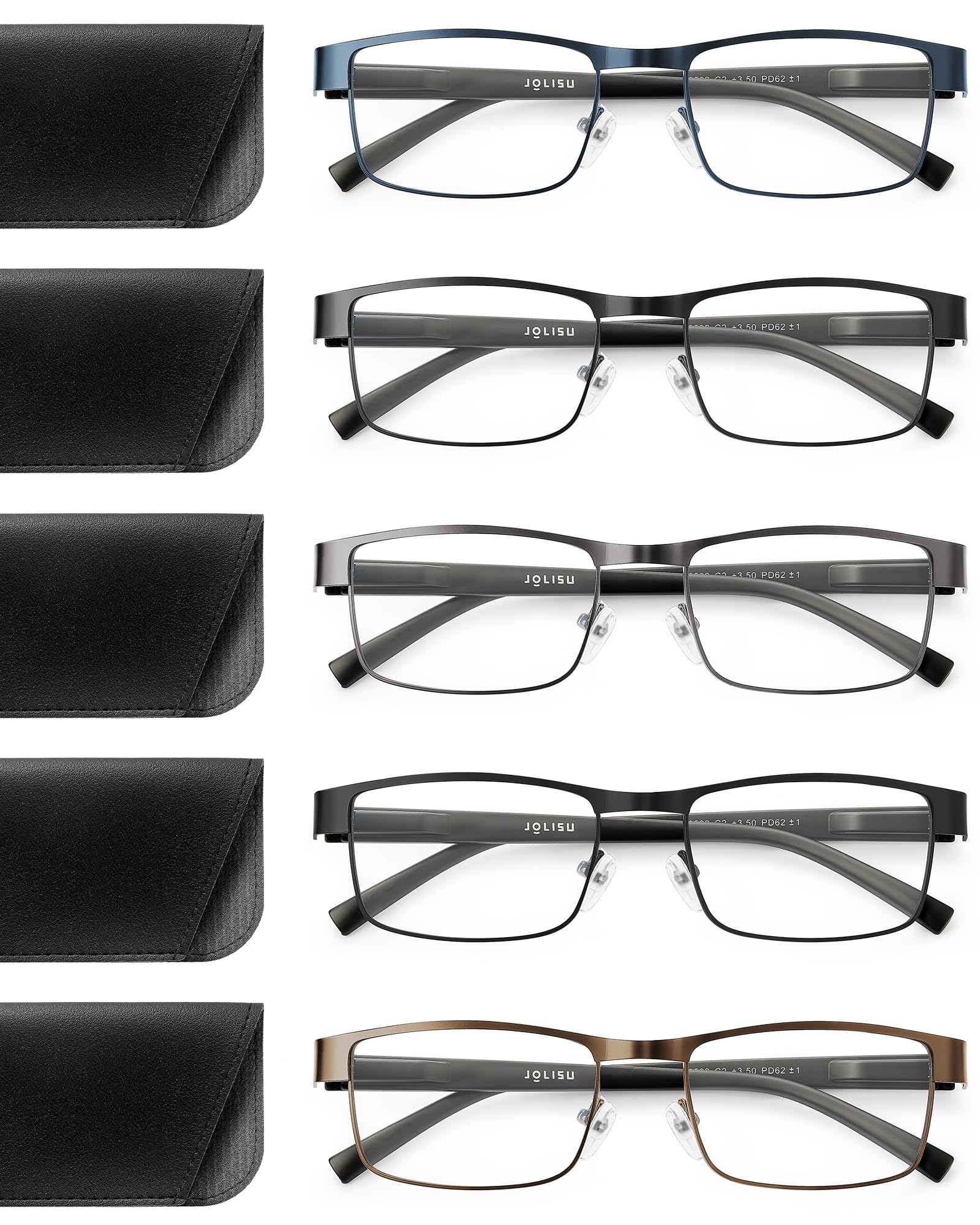 JOLISU 5PCS Reading Glasses Men - Blue Light Blocking Computer Metal Thin Frame Readers For Mens/Women