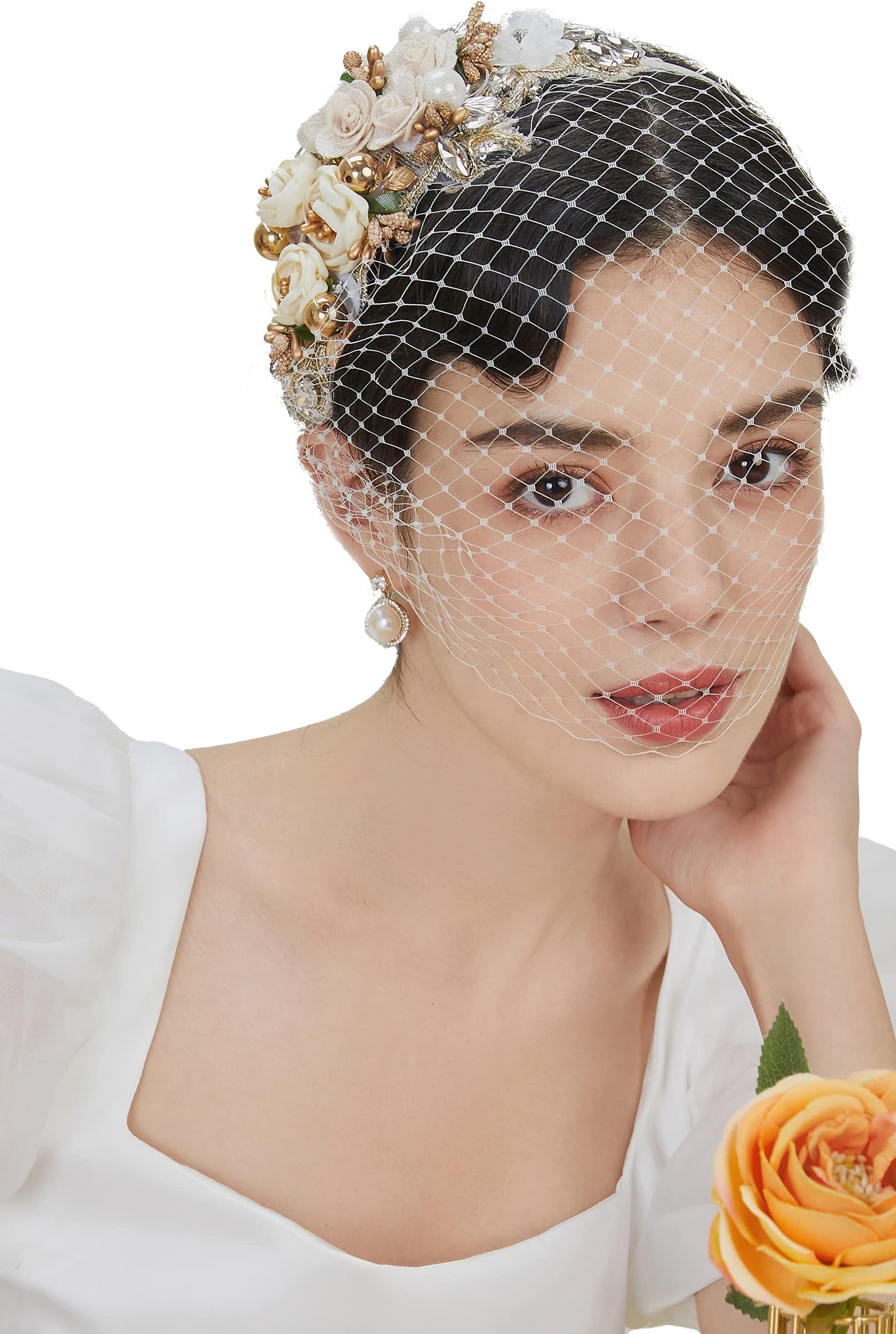 BABEYOND 1920s Fascinator Mesh Veil Headband Bridal Wedding Tea Party Fascinator Veil for Women, Beige, One size