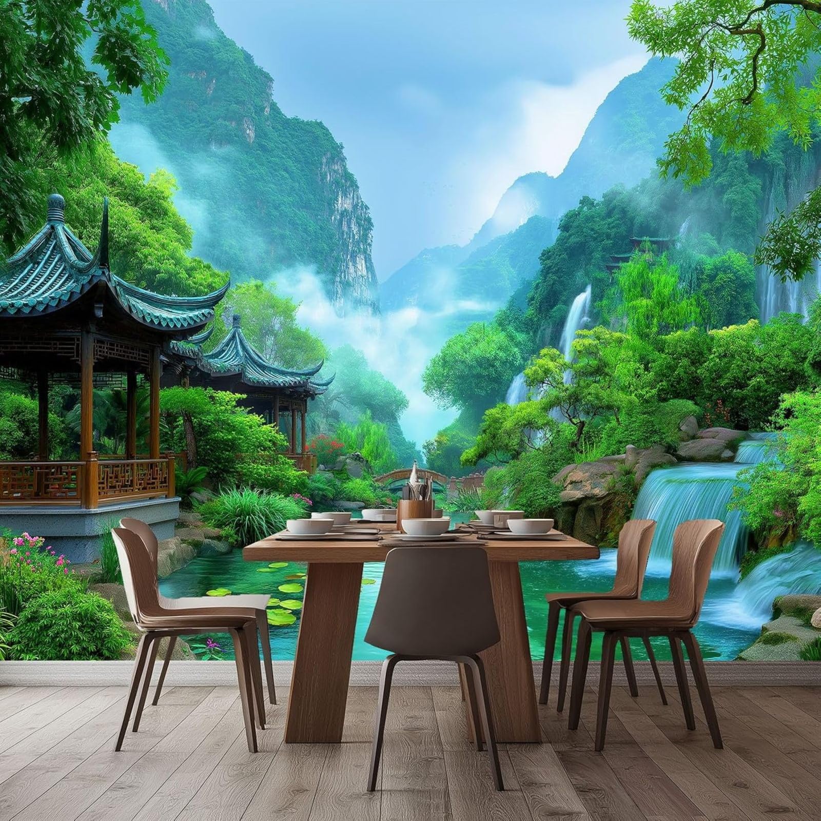 Non-woven wallpaper with dreamy floral, architectural, green, mountain, water, and waterfall motifs for children's rooms, living rooms, and TV backgrounds - Modern wall decoration, 250cm x 175cm. Stic