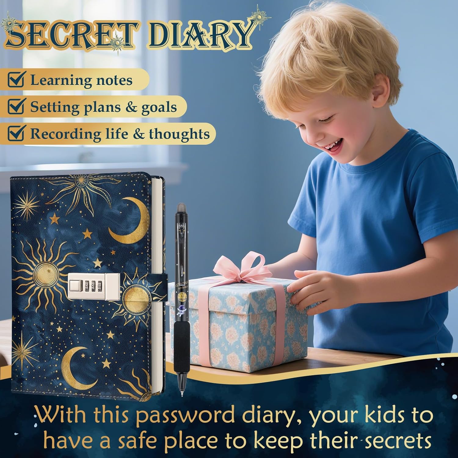 Diary with Lock for Boys Girls Ages 8-12, A5 Password Locked Journal Notebook with Pen Birthday Gifts for Teen Boys 8 10 12 14 16 Year Old, Secret Journal Travel Diary Back to School Christmas Gifts