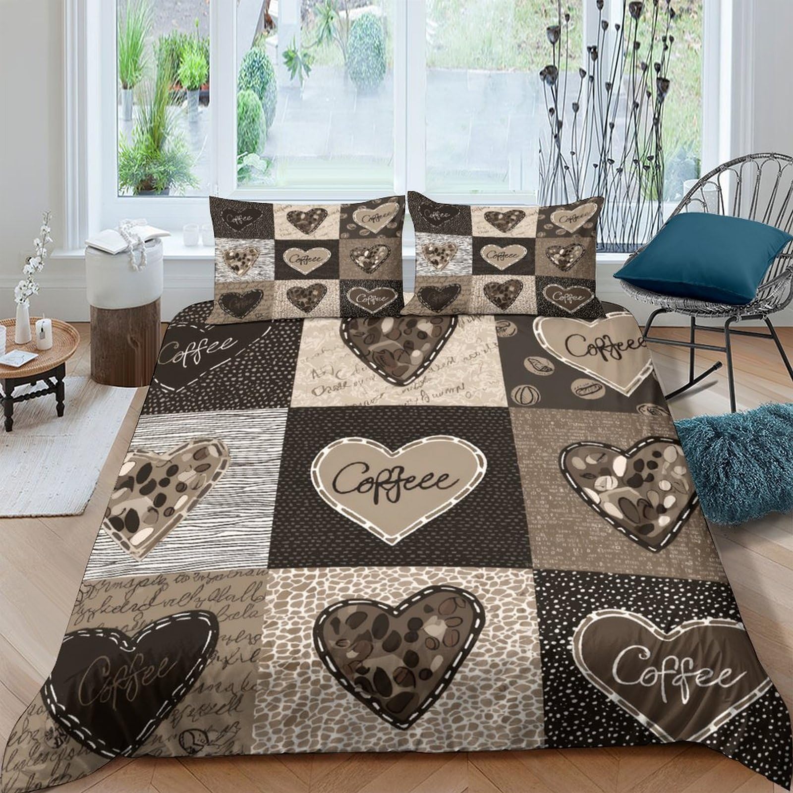 Ctjqhvkz Style-9 3D Printed Patchwork Heart Fitted Sheet Microfiber Soft Brown Beige Romantic Bed Cover For Bedroom Guest Room Decor Single（135X200cm）