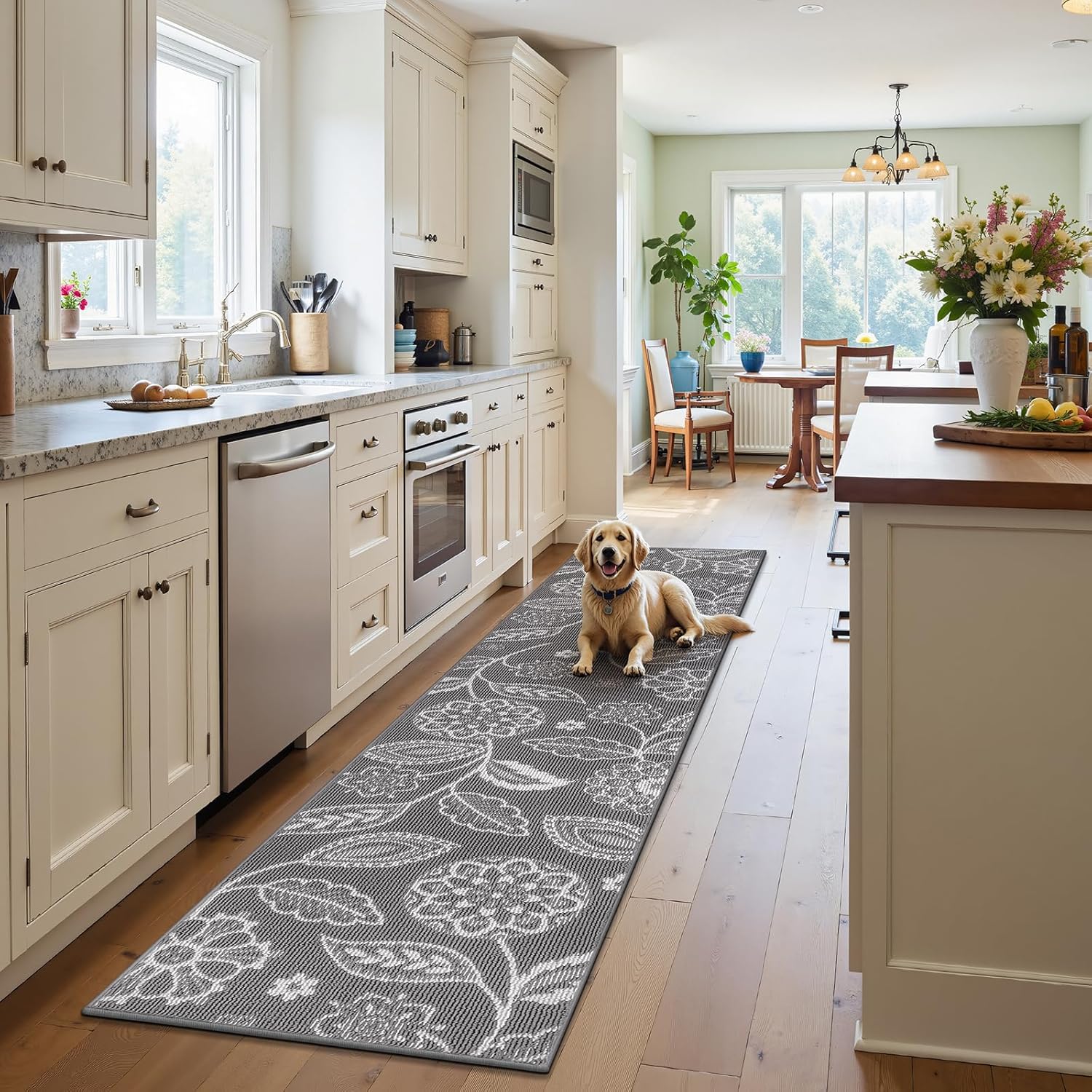 2x10 Washable Runner Rug with Non Slip Backing, Absorbent & Dirt-Trapping, Gray and White High-Low Textured Floral Hallway Carpet for Kitchens, Laundry Rooms, Bathrooms, Entryways - Image 9