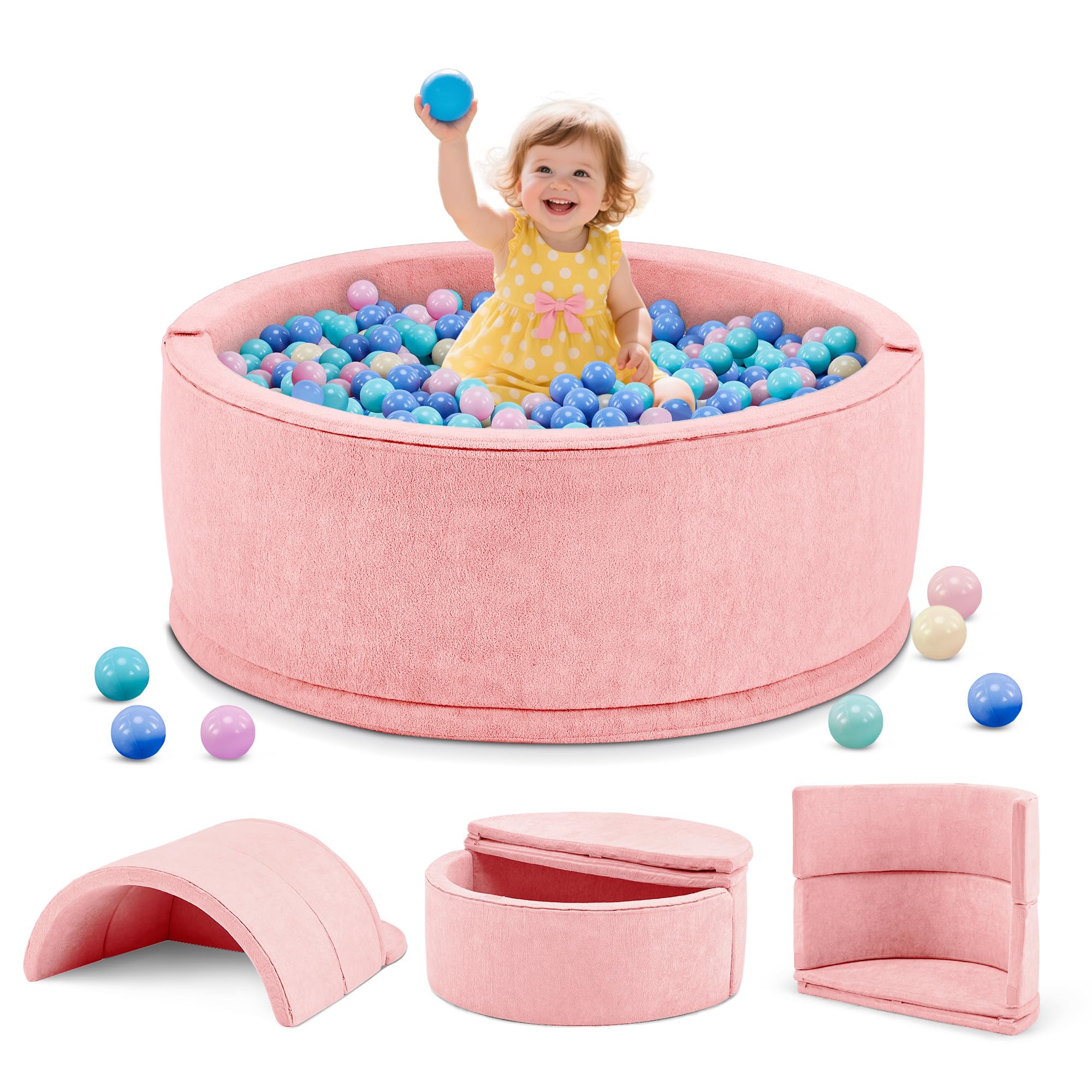 Bällebad ohne Bälle für Baby ab 1 Jahr, 7-in-1 Multifunktionales Schaumstoff Bällepool Ballgruben Kinder, Rosa