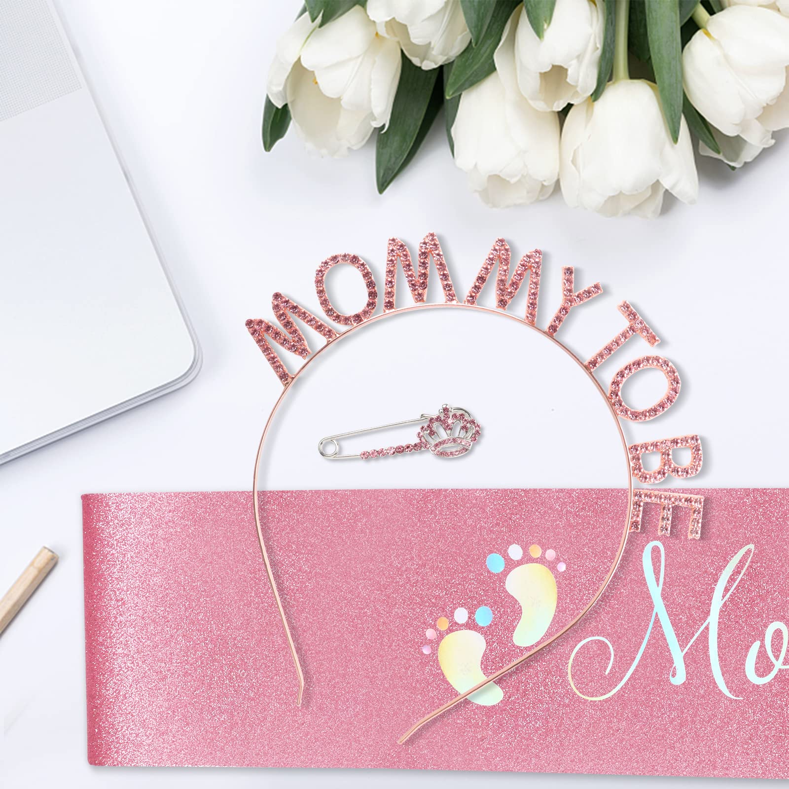 Dekoracje na baby shower dla przyszłej mamy, szalik i diadem na przyszłą koronę, prezent ciążowy dla niej, ujawnienie płci i baby shower, różowy