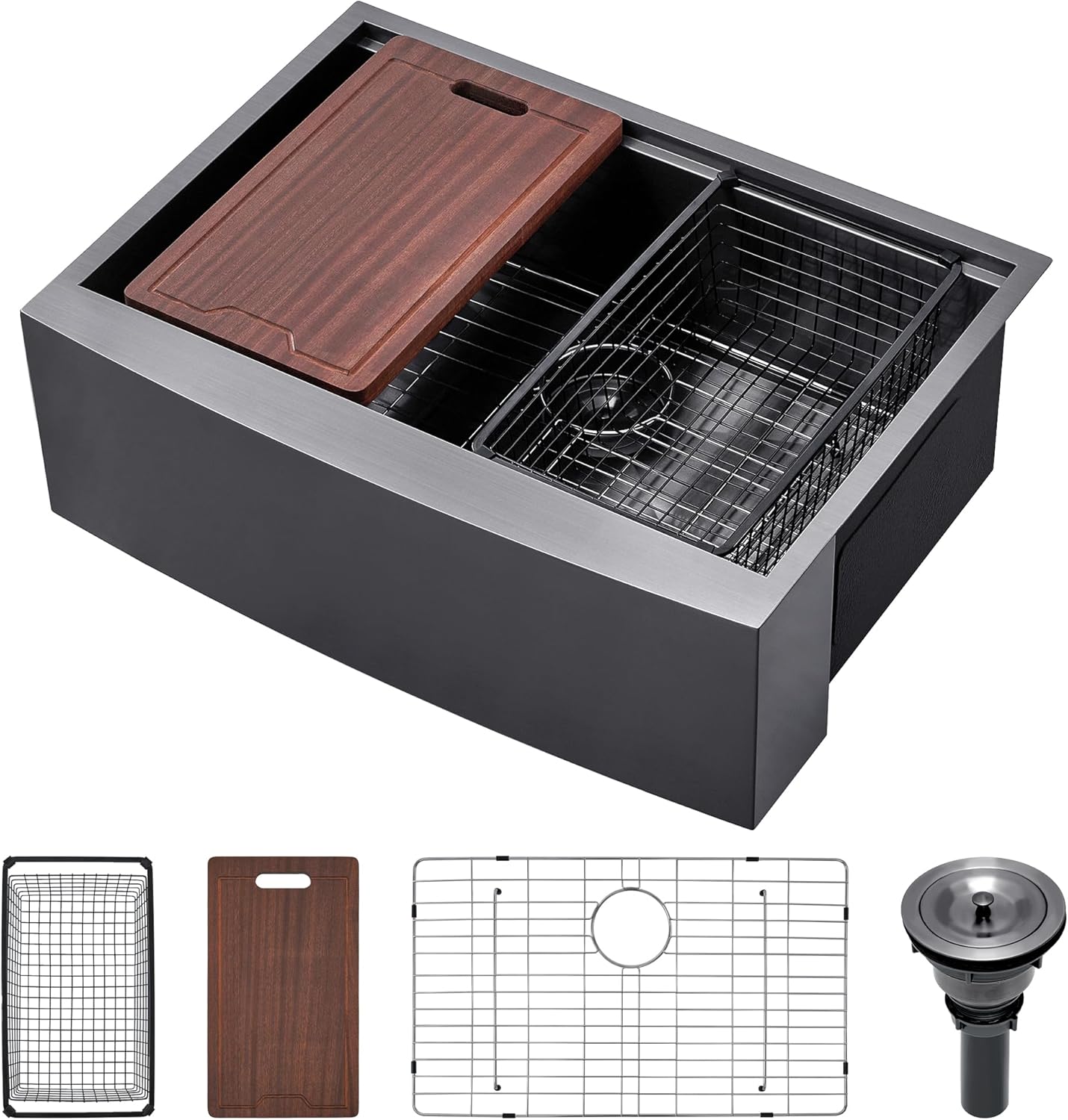 Doirteal 30" Farmhouse Sink, 16 Gauge Nano Black Stainless Steel Apron Front Kitchen Sink, 30x22x10 Undermount Workstation Single Bowl with Cutting Board, Colander & Grid, Scratch-Resistant