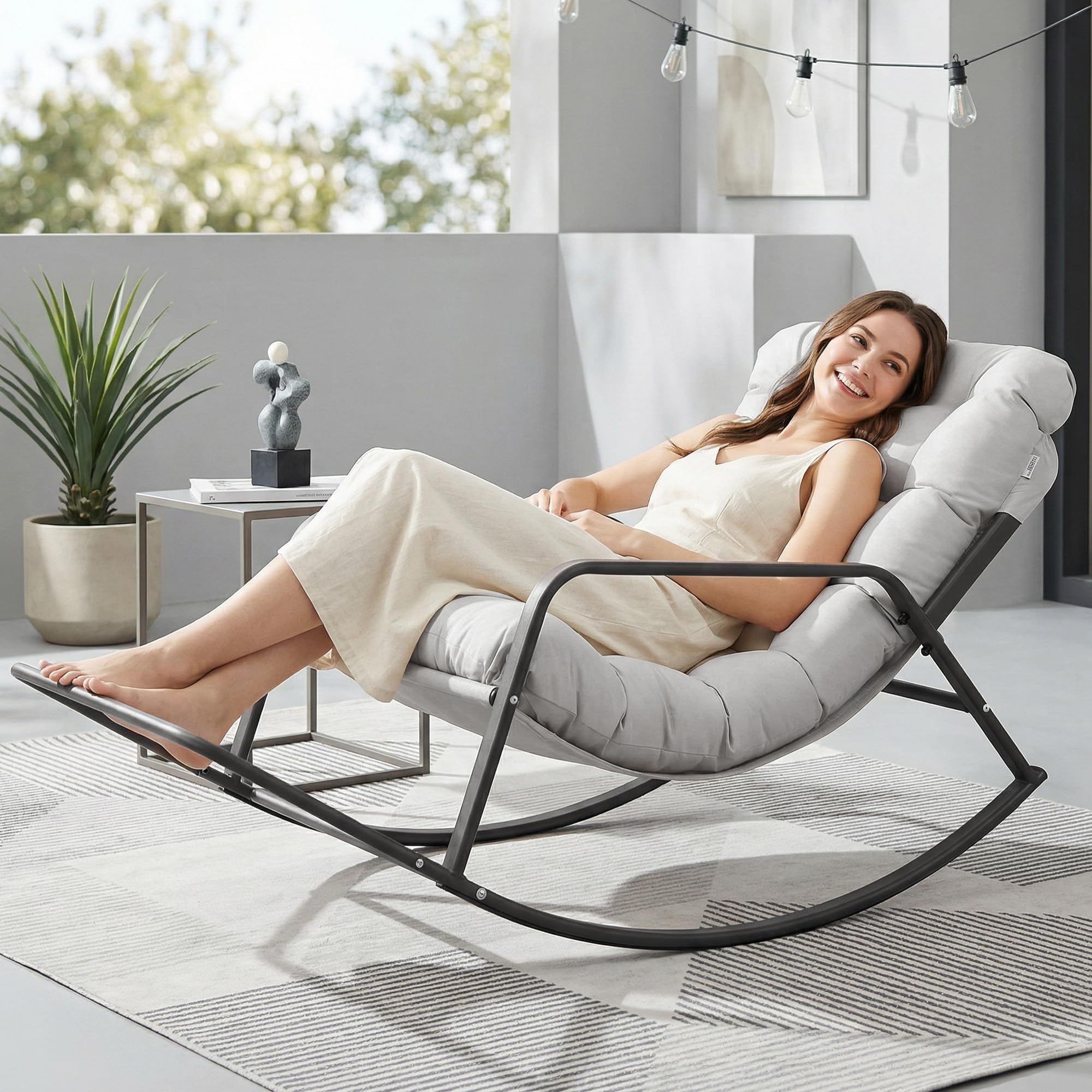 RADIATA Rocking Lounge Chair, Indoor Outdoor Reclining Lounger with Footrest & Cushion, 450lbs Weight Capacity, Comfortable Rocker for Relaxation,