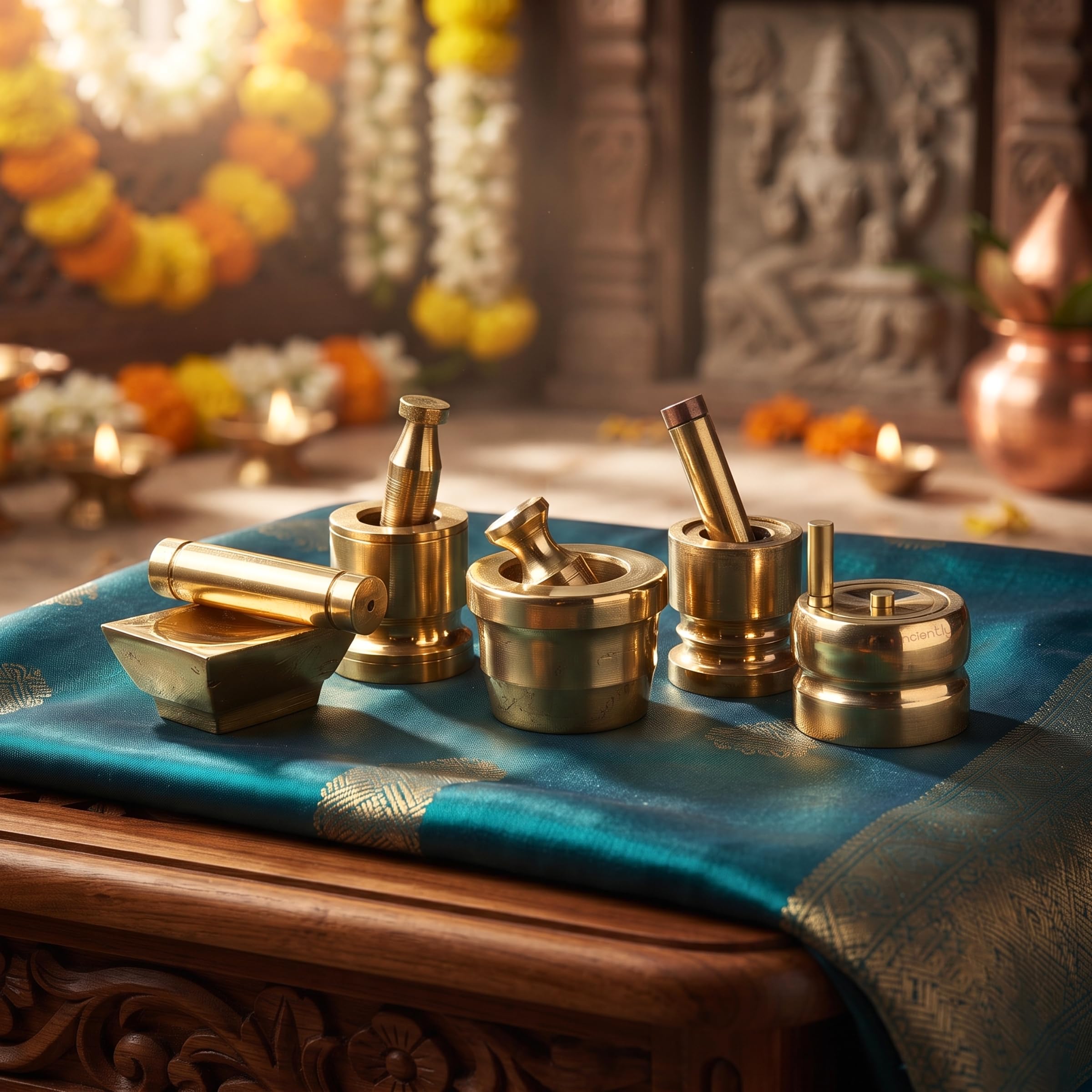 Anciently Brass Gowramma Set/Gouramma Pooja Set for Varalakshmi Vratham, Gowri Habba & Daily Pooja - Traditional Miniature Brass Pooja Items(5 Pieces Set, 650 Grams)-image-11