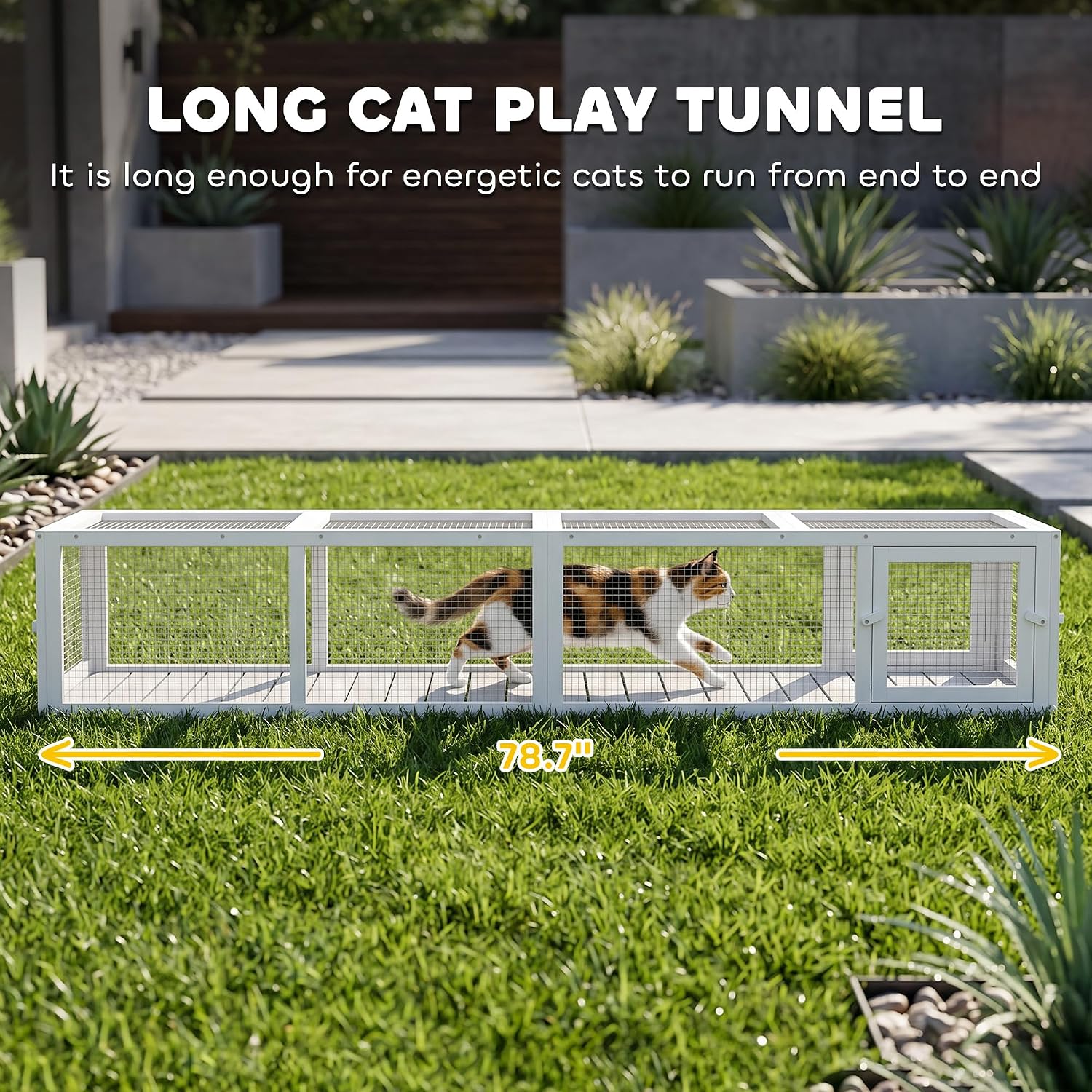 PawHut Outdoor Cat Tunnel with Extendable Design, 79" L Wooden Cat Run with Weather Protection, Connecting Inside and Outside, for Deck Patios, Balconies, White