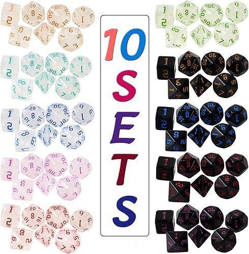 Miniatura 2 de Dados DND, 10 x 7 (70 piezas) Juego de dados poliédricos para Dungeons and Dragons DND RPG MTG Juegos de mesa D4 D6 D8 D10 D% D12 D20 con 10 bolsas