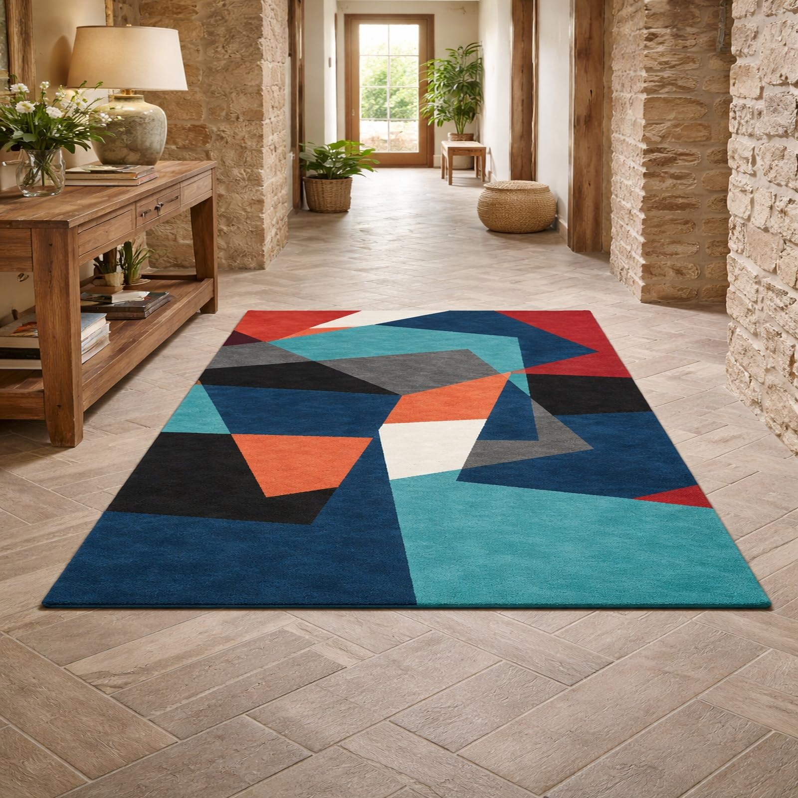 Tapis de salon moderne bleu et orange pour réveiller la déco de votre séjour