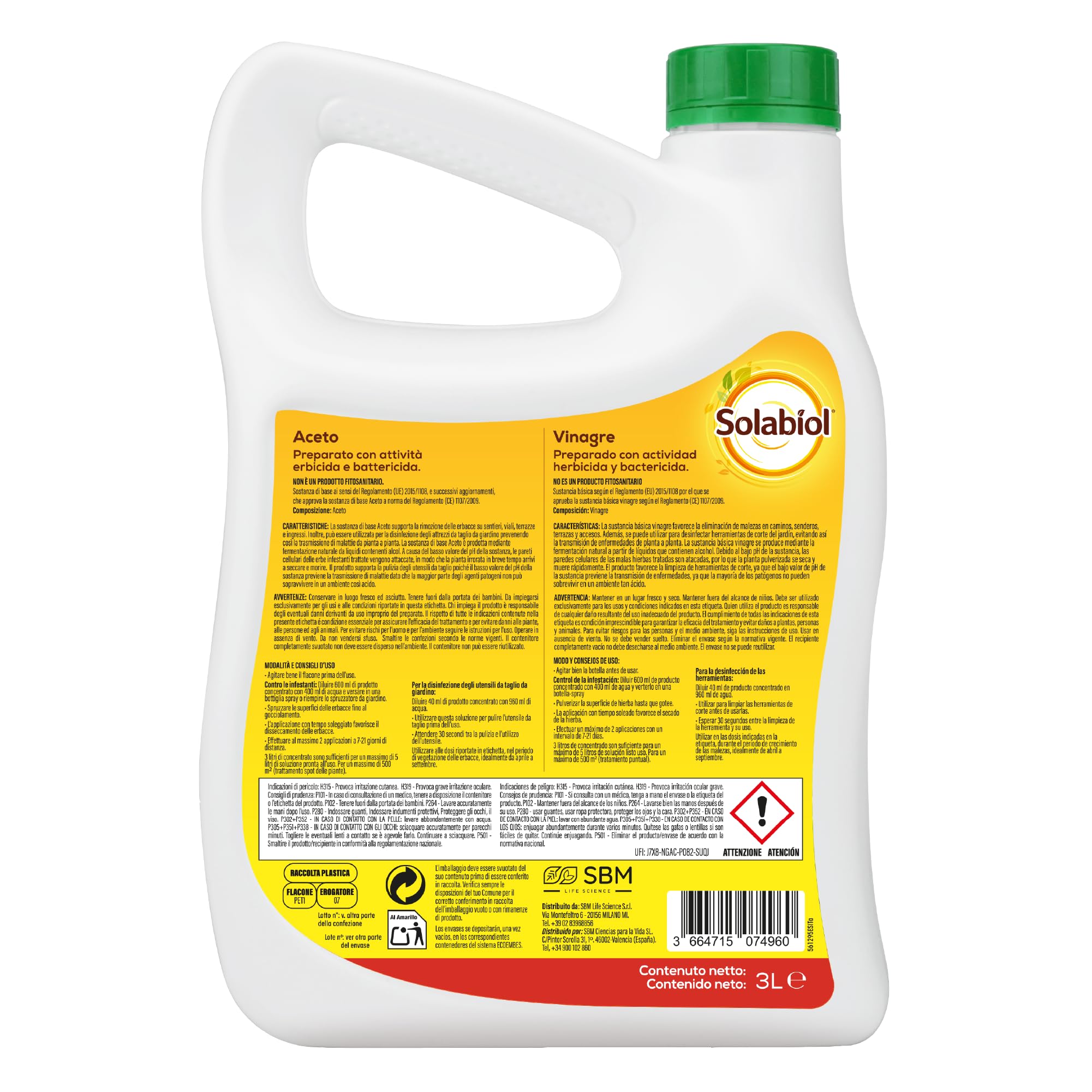 Solabiol, herbicida orgánico completo listo para usar, herbicida para malas hierbas y musgo con efecto desecante, ideal para calzadas y bordes, 3L