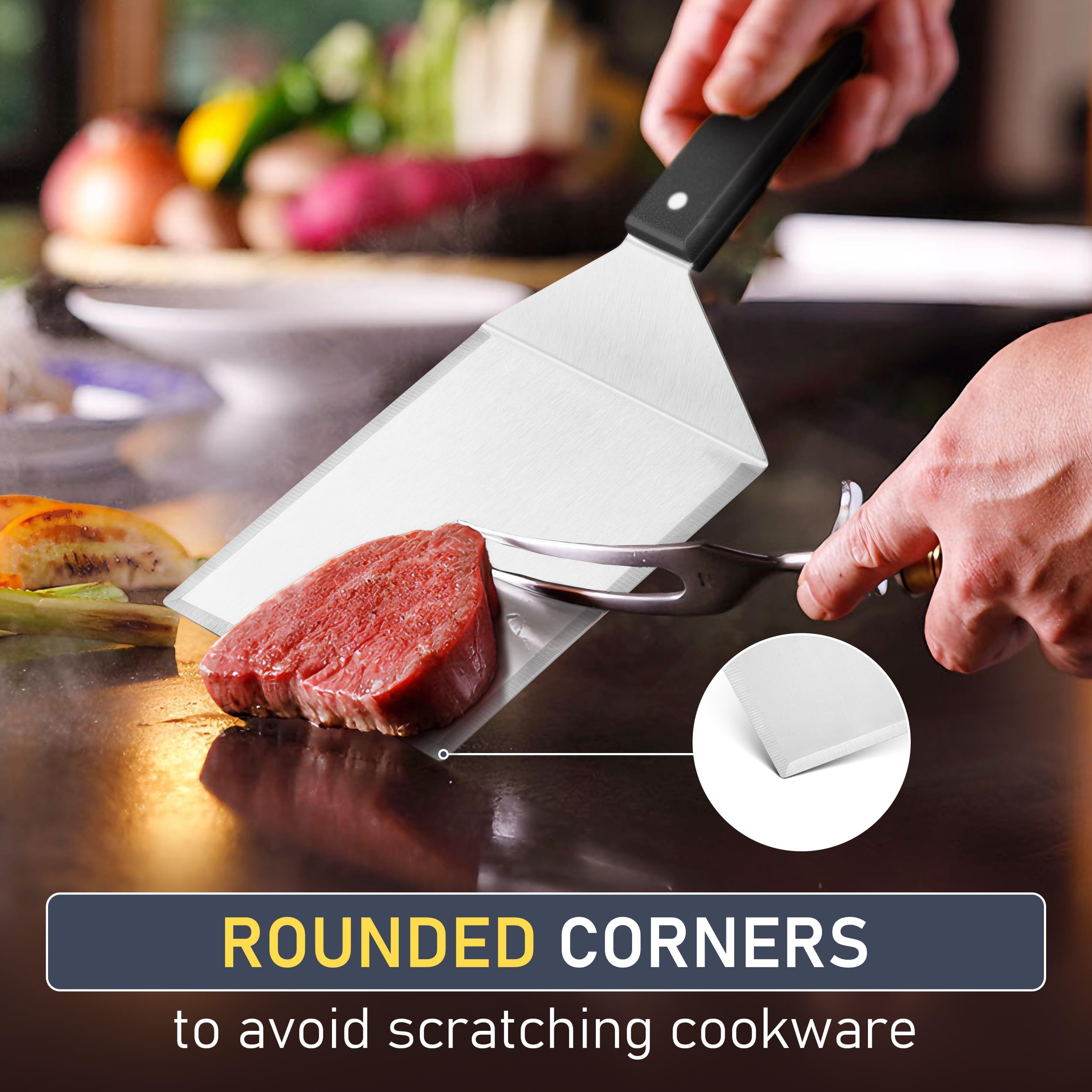 HaSteeL Juego de 2 espátulas de metal de acero inoxidable para plancha grandes con mango de ABS, volteador de hamburguesas resistente, ideal para cocinar barbacoa Teppanyaki, apto para lavavajillas y