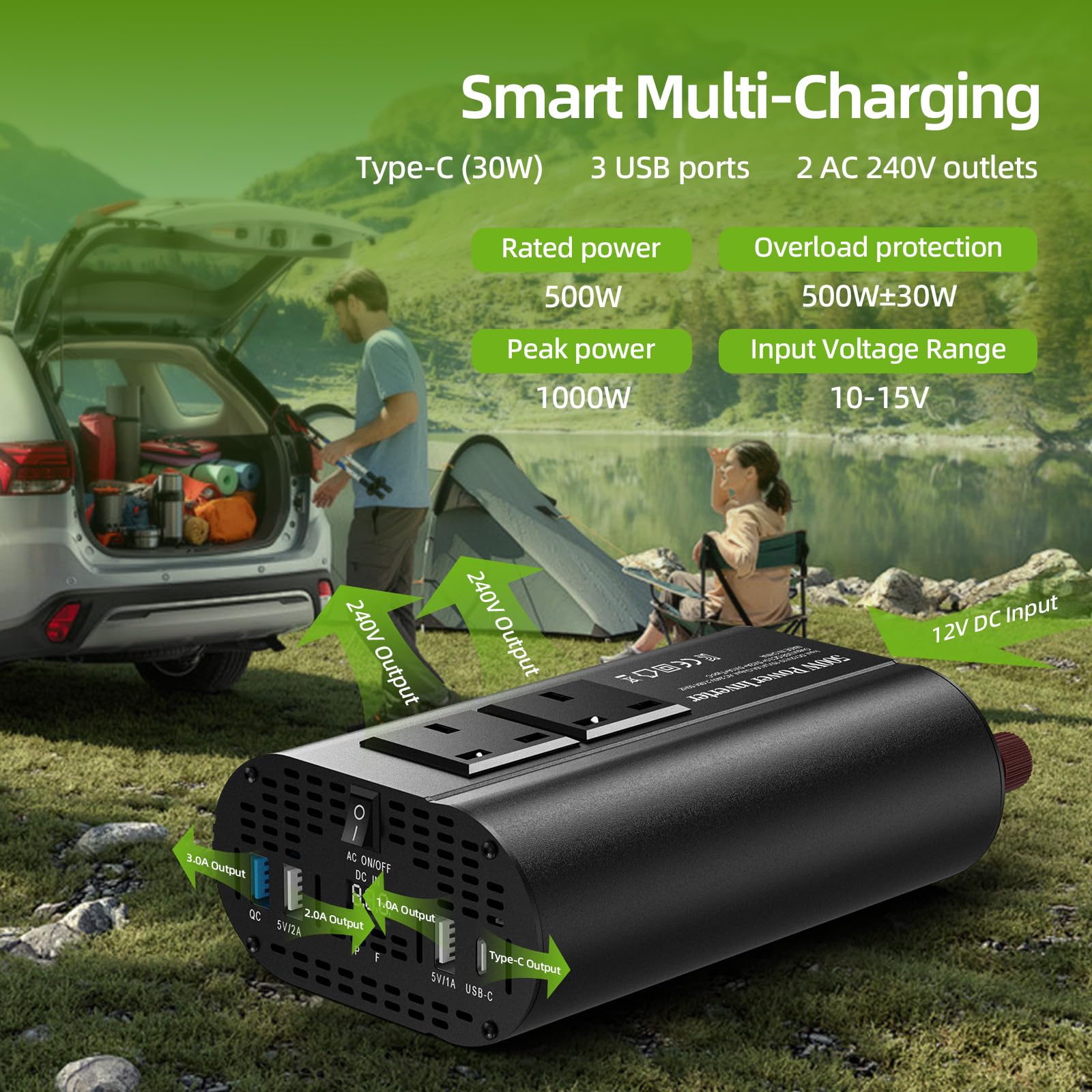 TAGEEBLU 12V 500W Power Inverter 12v to 240v, Car Voltage Converter Transformer with 2 3-Pin Sockets & 2-USB & 1 QC & 1-Type-C Ports for Charging Phones, Laptop, Tablets, TV, Camping Equipment - 5