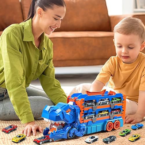 Miniatura 4 de Camión transportador de dinosaurios de juguete para niños de 3, 4, 5, 6 años, traje de pistas de autos para niños con 12 autos de carreras fundidos