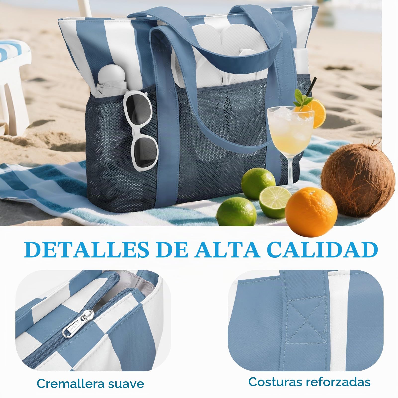 VASCHY Bolso Playa Mujer Grande XXL Familiar de Malla Plegable 21L | Bolso Tote Impermeable,Multibolsillos,Resistente a la Arena,Bolsillo Independiente Con Cremallera Impermeable,37.5×15×37.5CM