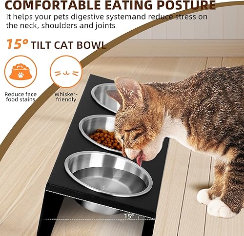 Miniatura 2 de Cuencos elevados para gatos con base antideslizante, soporte integrado inclinado en 15, platos elevados para gatos, incluye 3 cuencos de acero