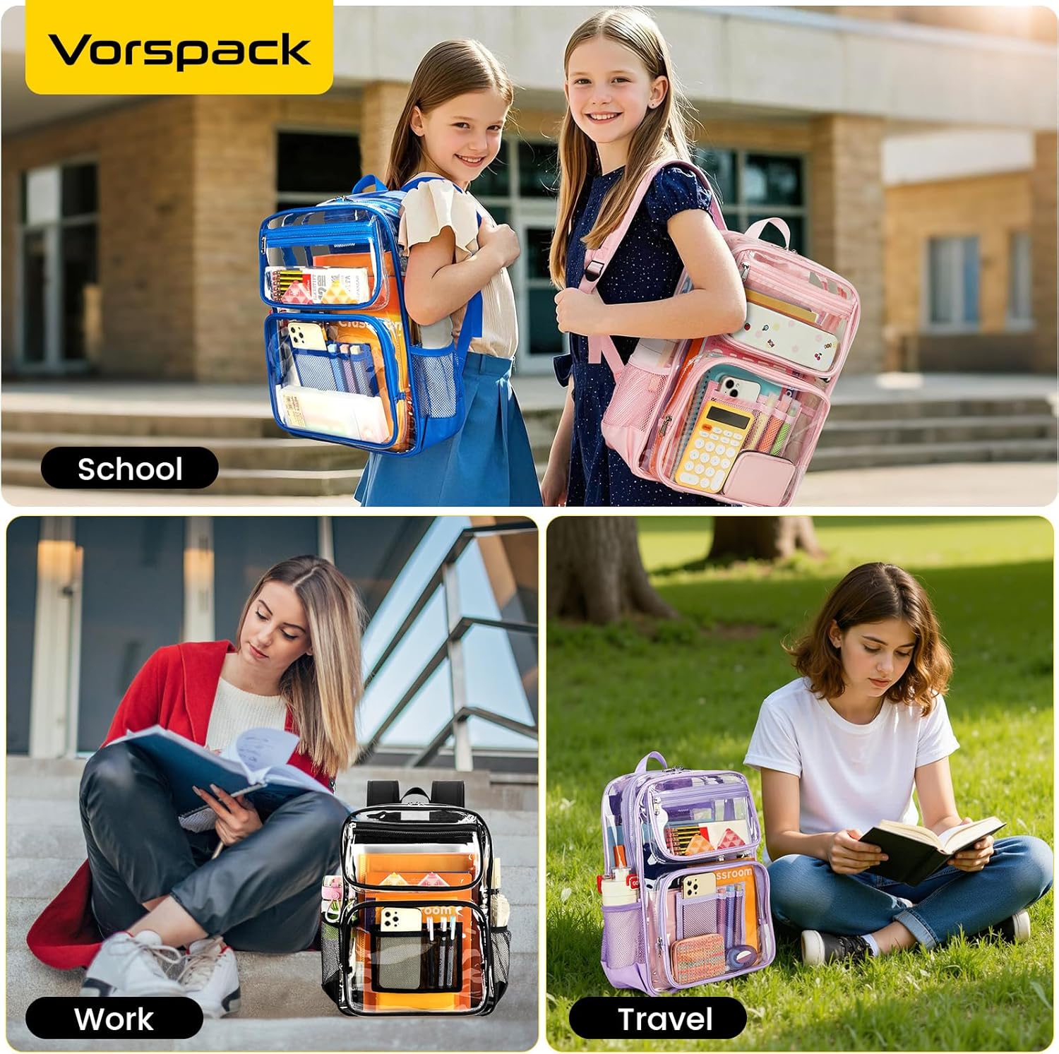 Vorspack Clear Backpack Heavy Duty - Large See Through Bookbag for Girls Boys, Transparent Backpacks for School, College, Work, Travel - Black - Image 7