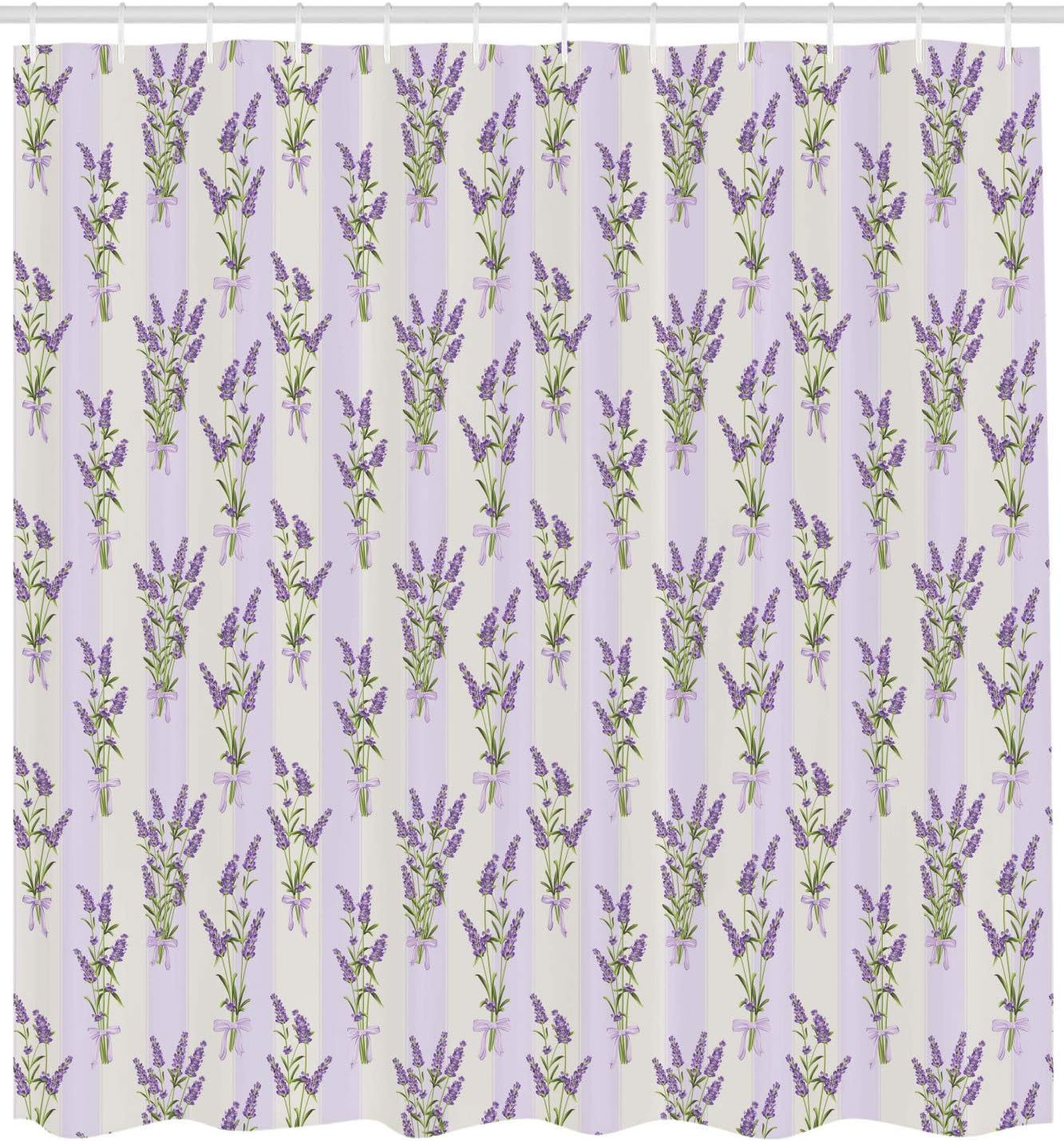 Ambesonne Lavender Shower Curtain, Stripes and Flowers with Ribbons Romantic Country Spring Season Inspired Design Art, Cloth Fabric Bathroom Decor Set with Hooks, 69" W x 70" L, Purple