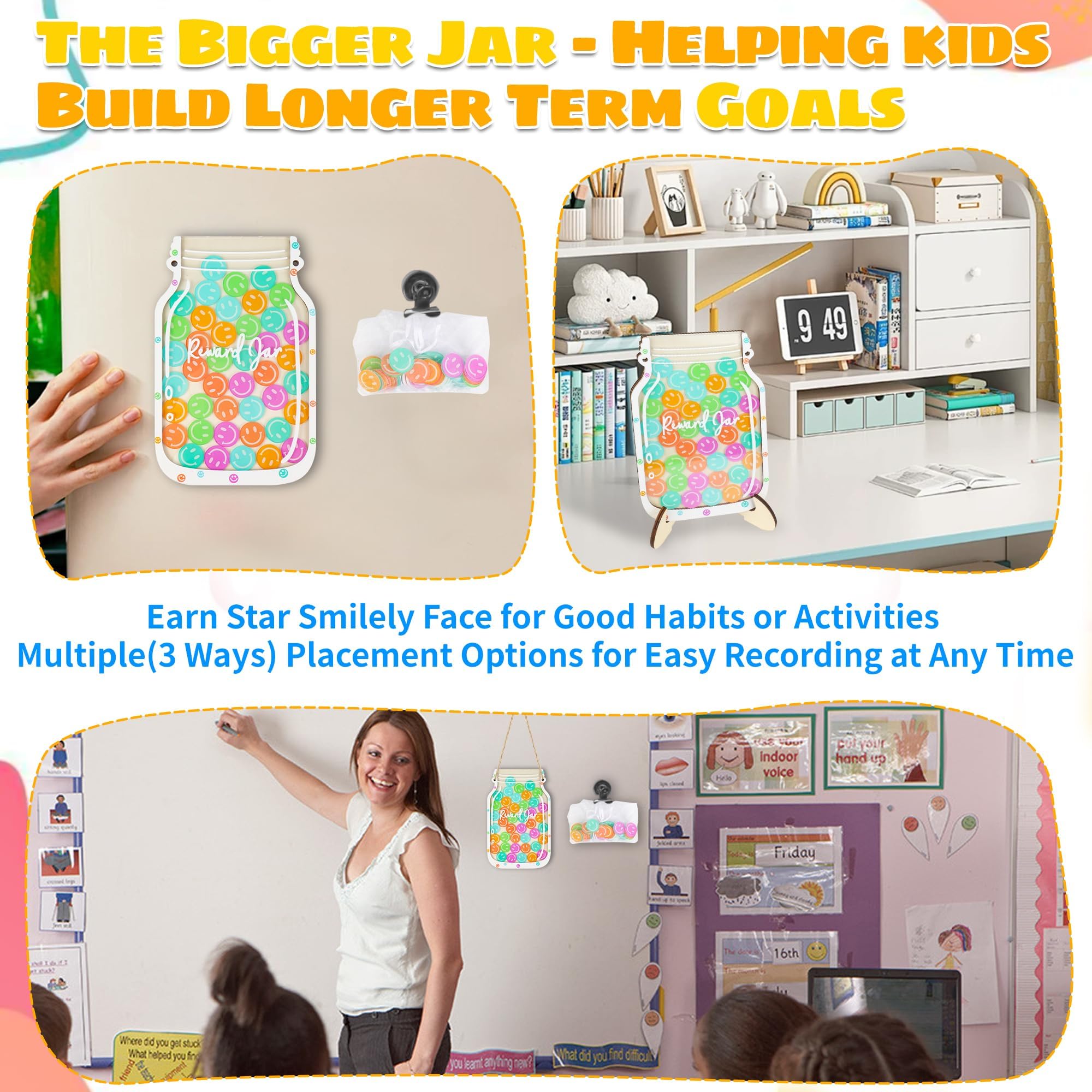 Bocal De Récompense Magnétique En Bois - Kit Avec 42 Jetons Smiley Et Autocollants, Système De Motivation Enfant - 8