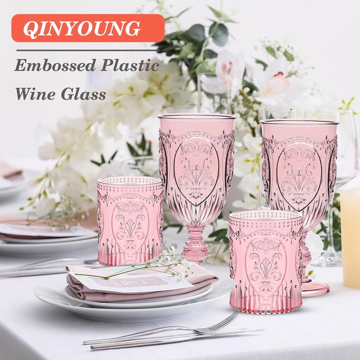 Qinyoung 12 Plastic Vintage Drinking Glasses 8.5oz Stemless Retro Embossed Wine Glasses Shatterproof Reusable Cups for Baby Shower Wedding Reception Grand Event Party (Pink) - Image 7