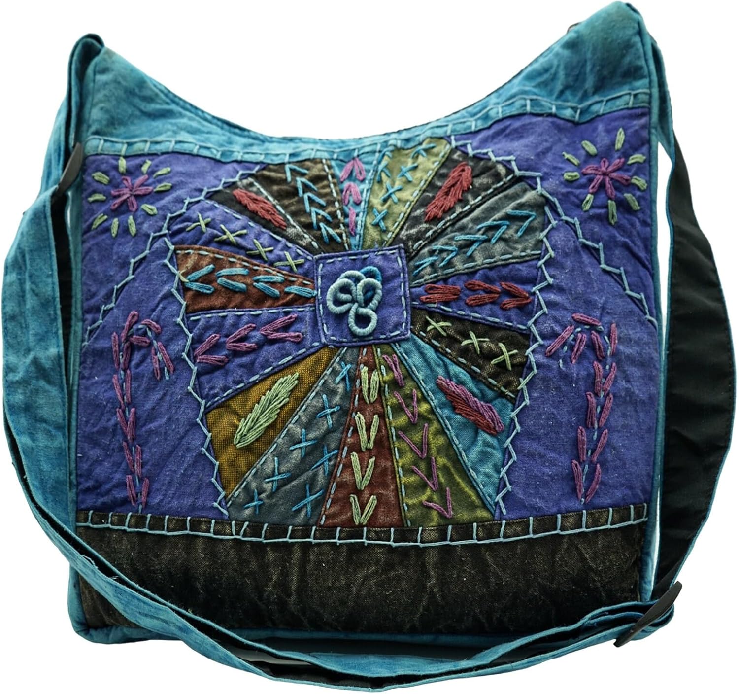 Cotton Crossbody Messenger Bag, Handmade Boho Design, 12 x 11 x 3 inches, 60-inch Strap, Purple and Teal