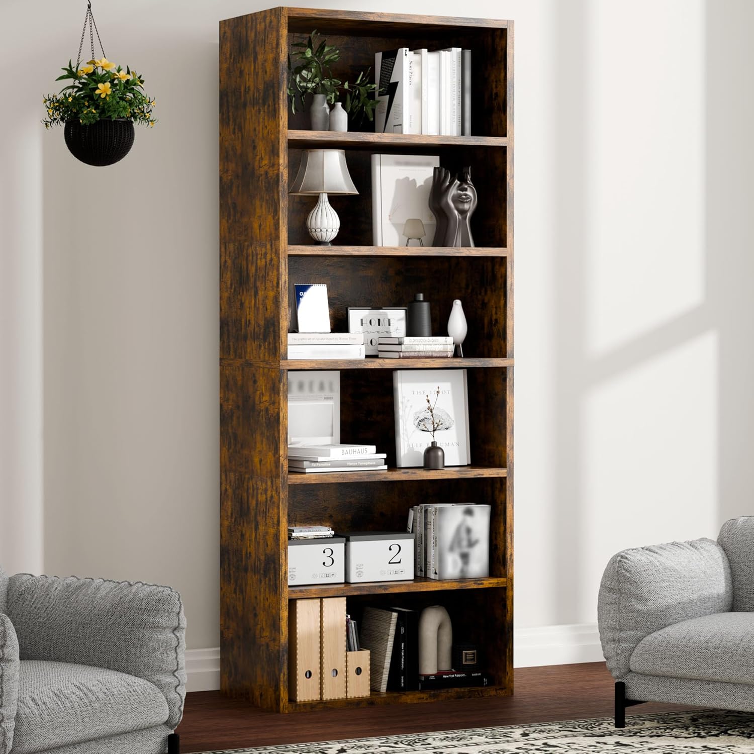 6-Tier Industrial Bookcase, 63" Tall Freestanding Wood Bookshelf with Open Display Storage Shelves for Living Room, Bedroom, Home Office, Rustic Brown