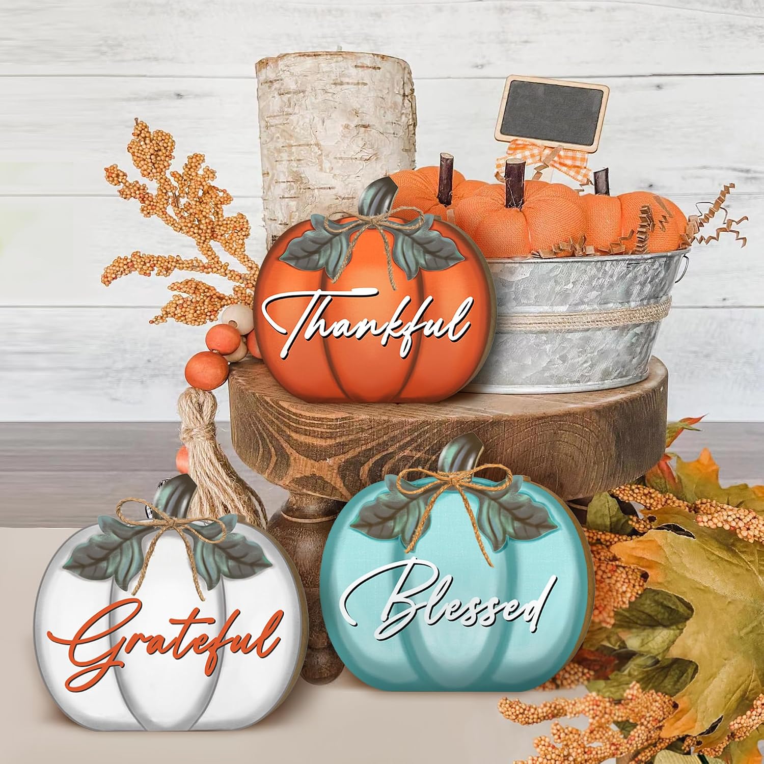 Thanksgiving Day Fall Sign Table Decorations for Home, 3 Pcs Wooden Fall Thanksgiving Pumpkin Sign with Farmhouse Ornaments Fall Decorations for Home, Fall Thanksgiving Grateful Blessed Decor for Living Room, Tables, Tiered Tray, Mantel, Dining Table