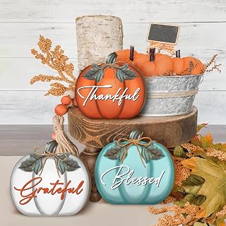 Fall Sign Table Decorations for Home, 3 Pcs Wooden Fall Thanksgiving Pumpkin Sign with Farmhouse Ornaments Fall Decorations for Home, Fall Thanksgiving Grateful Blessed Decor for Living Room, Tables, Tiered Tray, Mantel, Dining Table