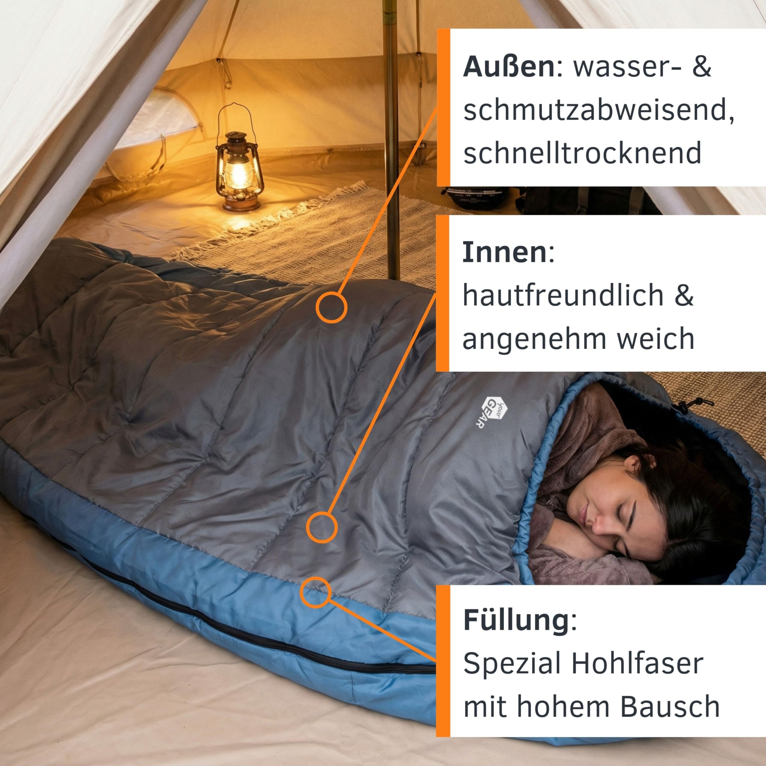 your GEAR Schlafsack Calima XXL - Extra Breiter Eiform Schlafsack 230x110 cm - Viel Platz für Seitenschläfer & Große Personen - 3 Jahreszeiten Campingschlafsack - Komfort +8 °C/Extrem -10 °C