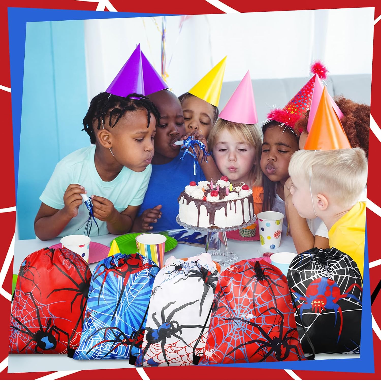 Lothee 24 Pcs Spider Drawstring Bags Birthday Party Favors Goodie Bag Backpack Spiderweb Candy Treat Bags for Birthday Party Supplies (Spider Style)