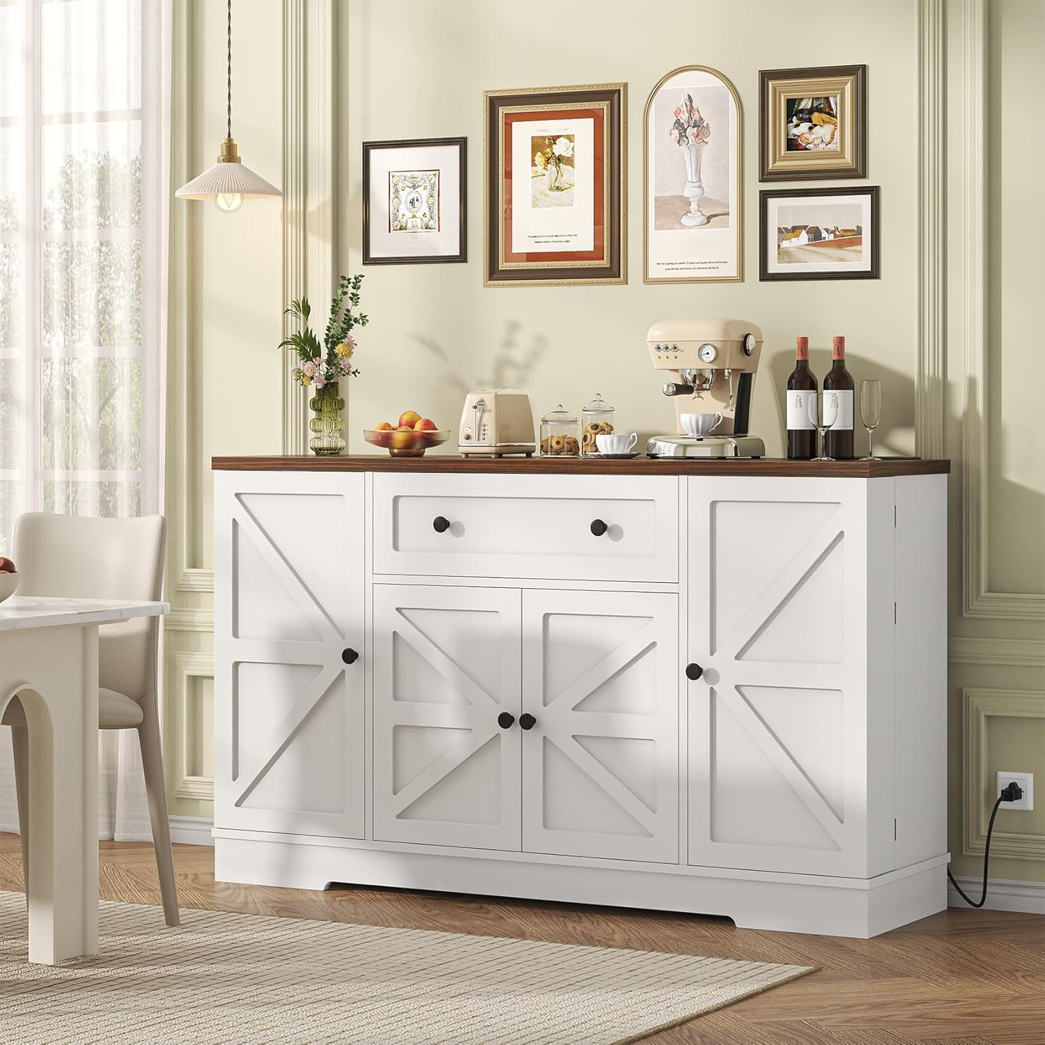 Bigbiglife Sideboard Buffet Cabinet, Modern Kitchen Coffee Bar Cabinet with Drawers & Charging Station, Storage Cabinet with Barn Doors, Wine Rack and Hooks, Wood Sideboard Buffet for Kitchen, White