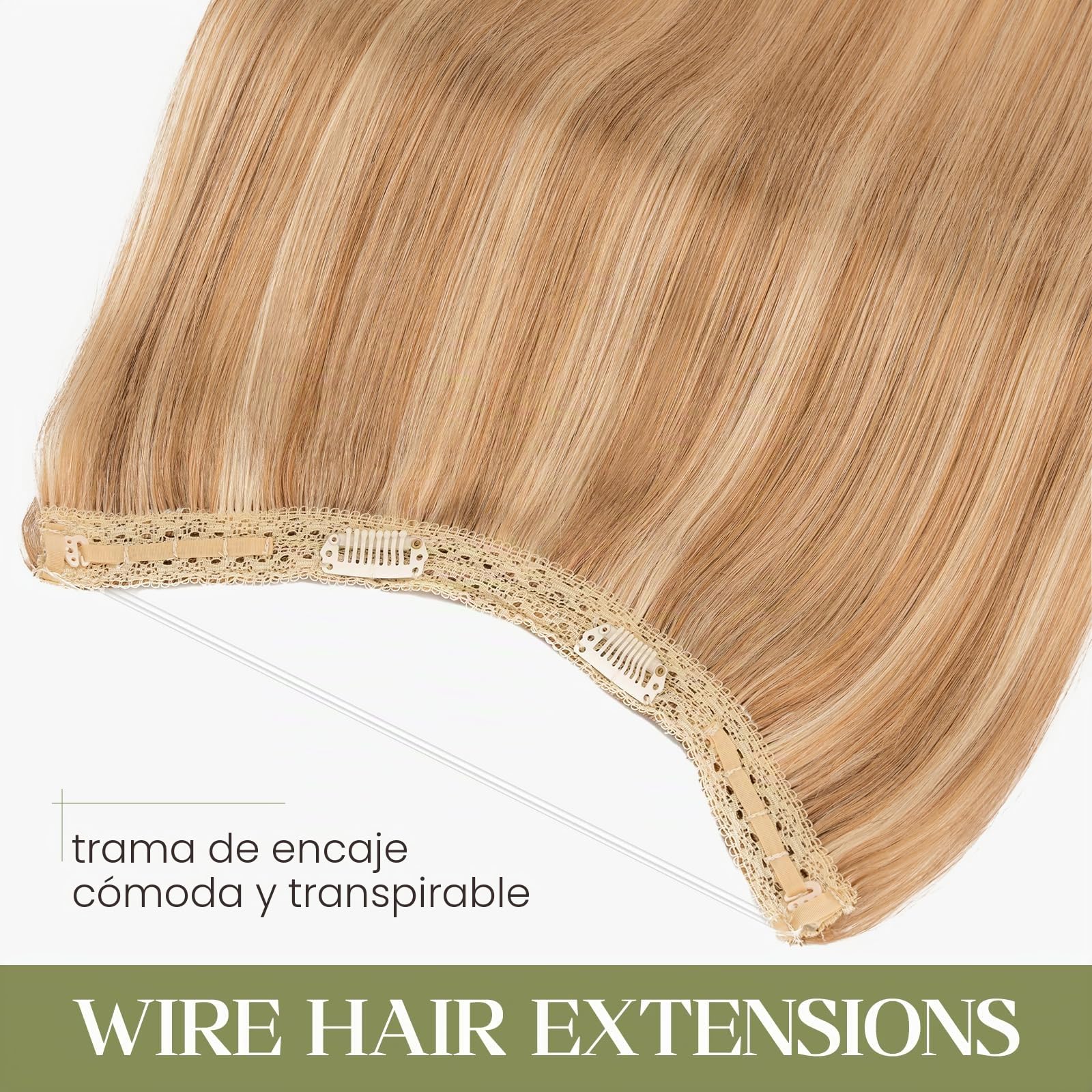 MY-LADY Extensiones Hilo Invisible Pelo Natural Ajustable, 30cm Secret Wire Hair Extensions Cabello Humano Lacio con 2 Clips para Mujer #12P613 Castaño Dorado y Rubio 55g | Extensiones de cabello con alambre de 2 clips, fácil de instalar, ajustable, invis